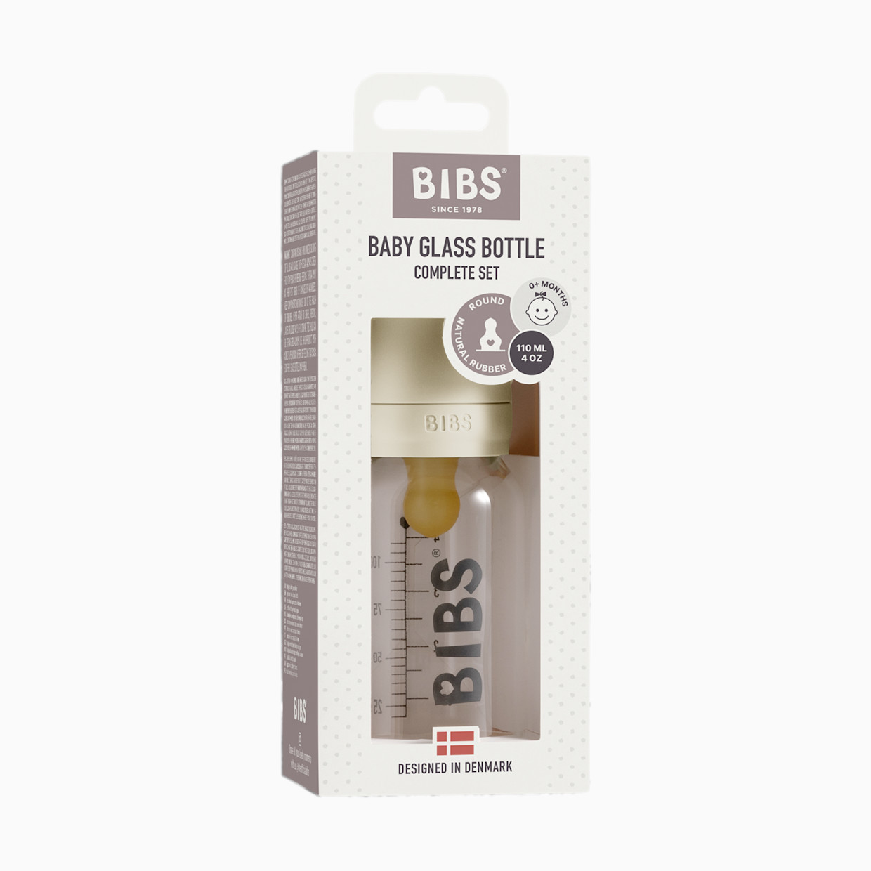 BIBS Baby Glass Bottle Complete Set with Natural Rubber Nipple - Ivory, 4 Oz.