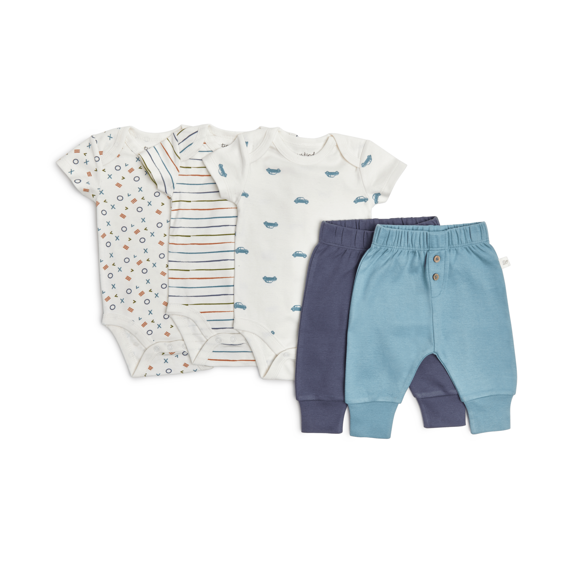 Tiny Kind 3 Pack Assorted Organic Cotton Bodysuits - Assorted Blues, 3-6 M.