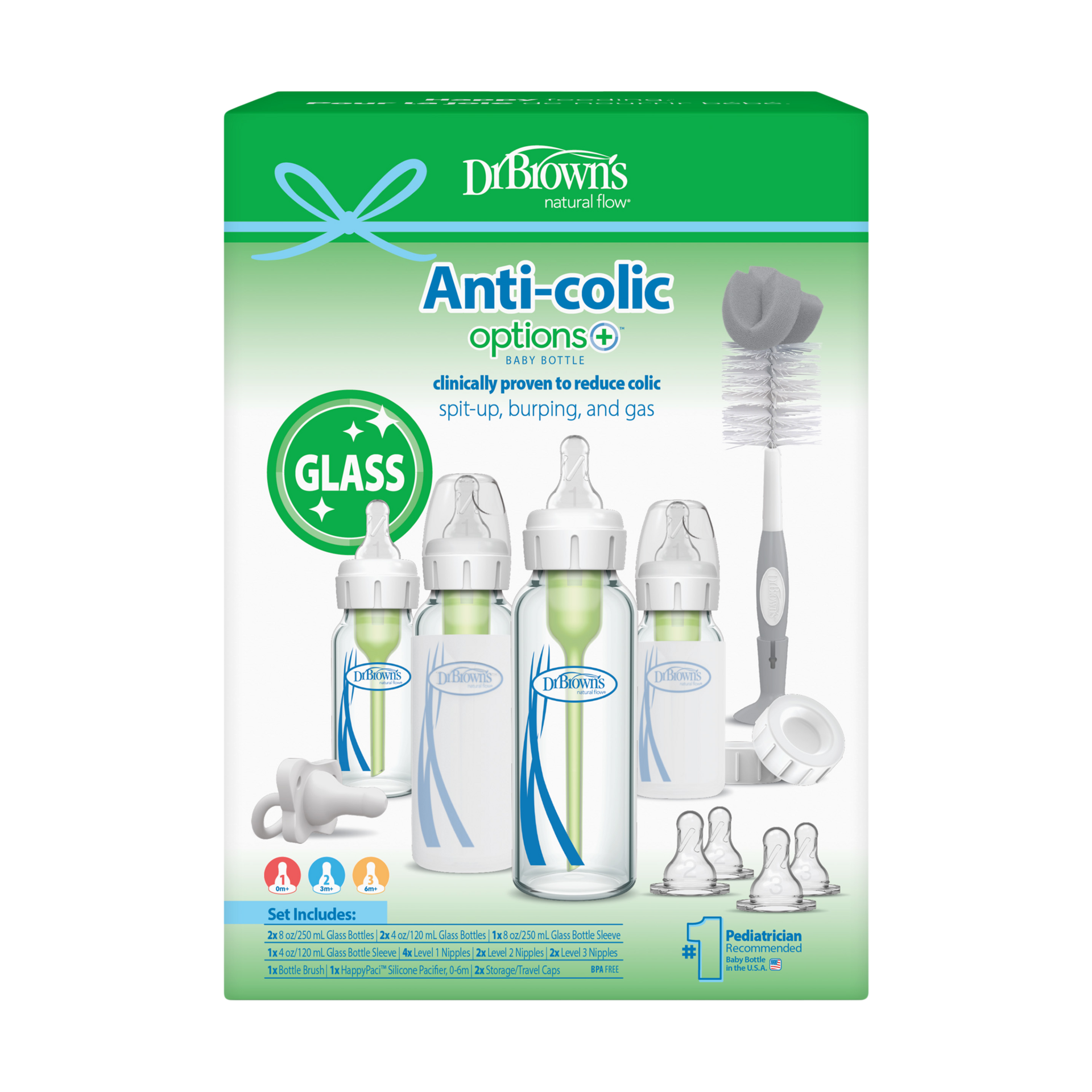 Dr. Brown's Options+ Glass Narrow Anti-Colic Baby Bottle Gift Set.