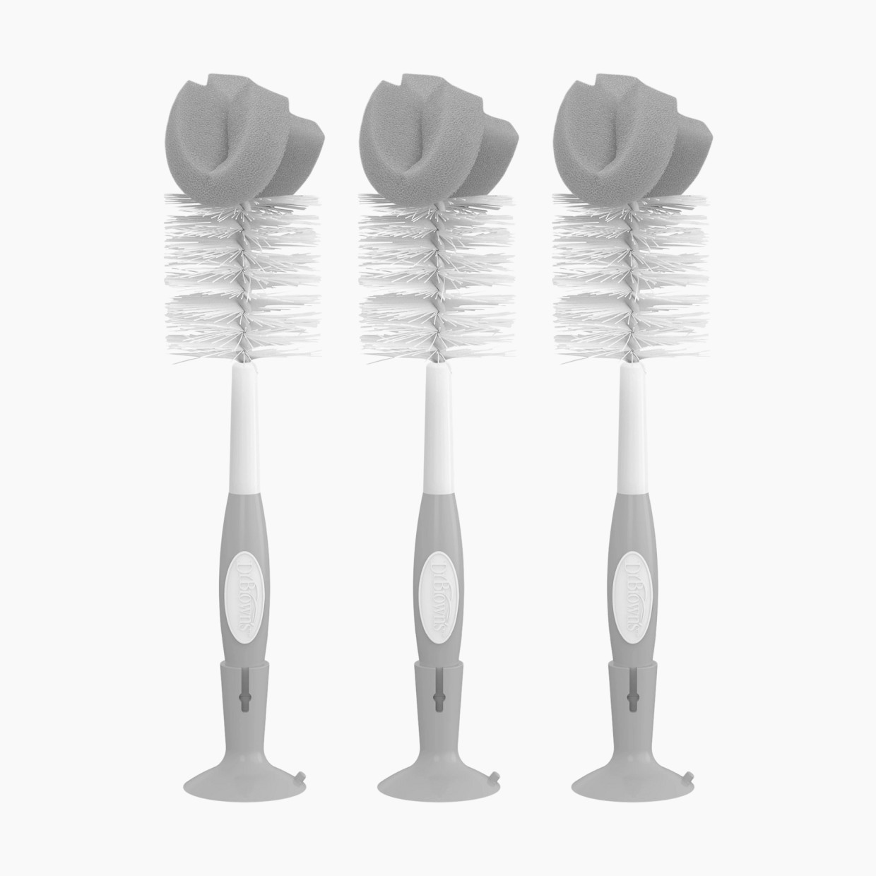 Dr. Brown's Reusable Sponge Baby Bottle Cleaning Brush Set with Suction Cup Stand, Scrubber and Nipple Cleaner, 3 Pack - Grey.