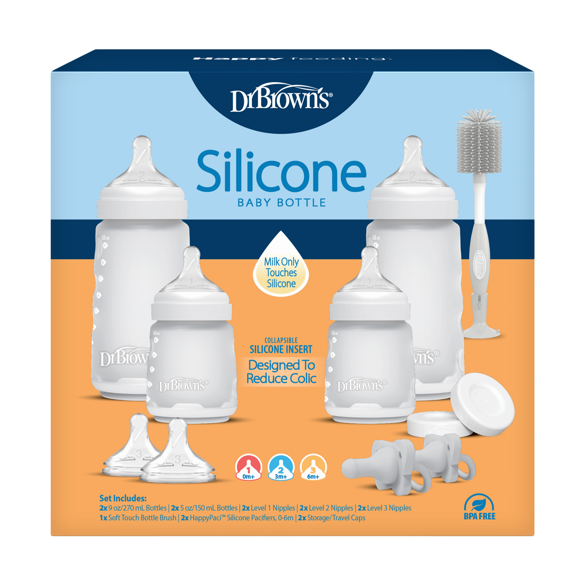Dr. Brown's Options+ Wide-Neck Silicone Baby Bottle Set - White.