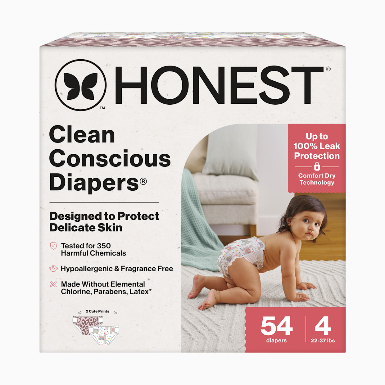 The Honest Company Clean Conscious Disposable Diapers Size 3-5 - Wild Thang + All The Alpacas, Size 4, 54 Count.