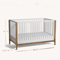 Crib dimensions 34H 32.2W 56.5L shown with arrows