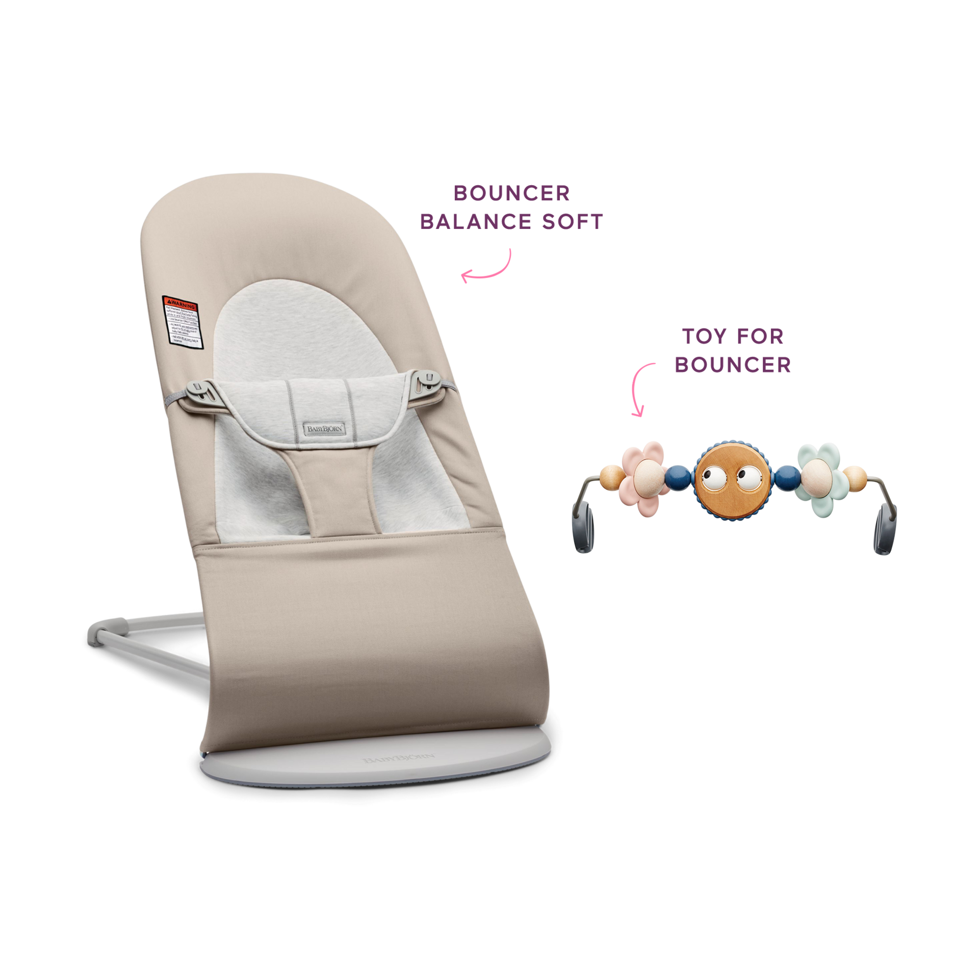 BabyBjörn Bouncer Balance Soft and Toy Bar Bundle - Beige/Pastels.