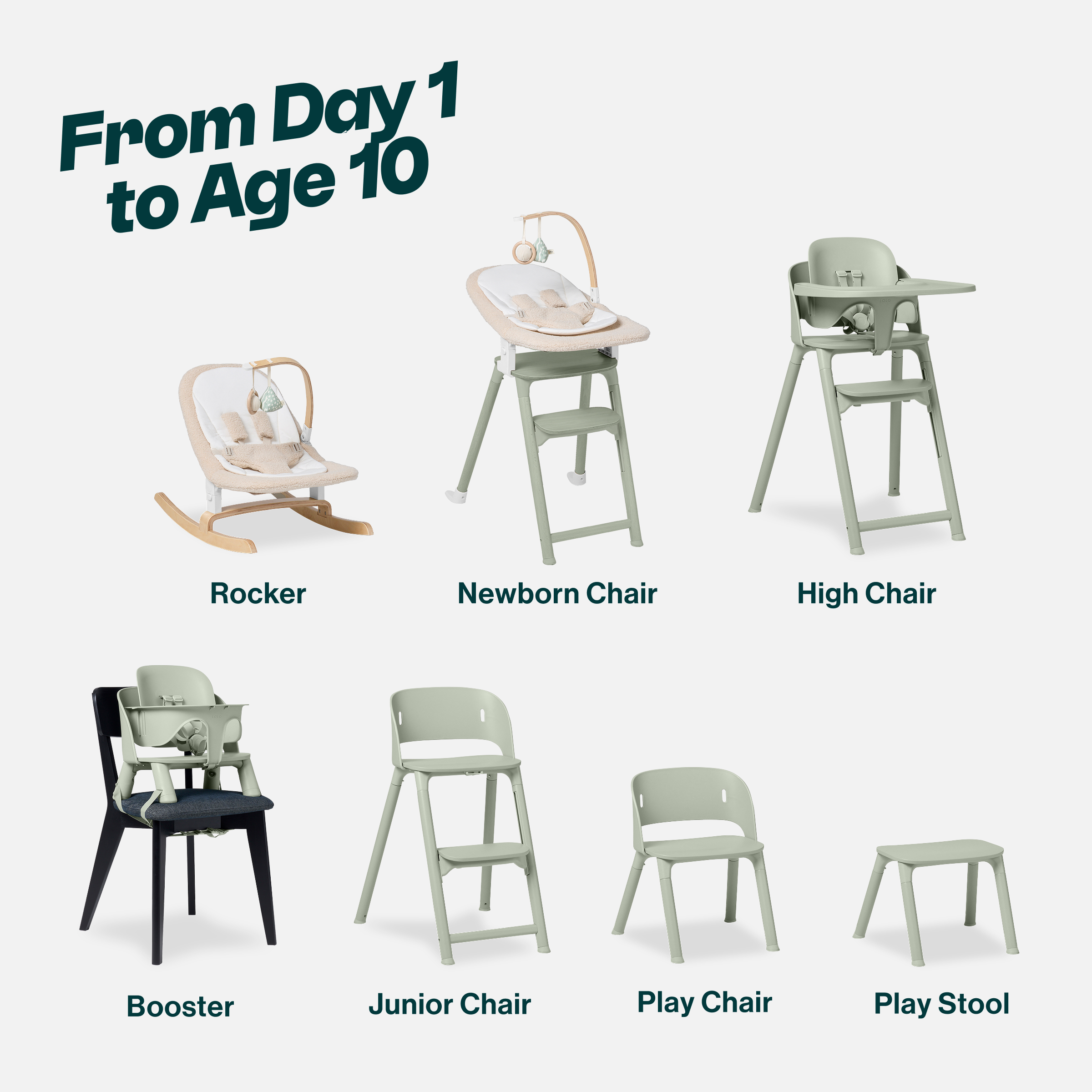 Lalo 7-in-1 High Chair + Newborn Rocker Bundle - Sage.