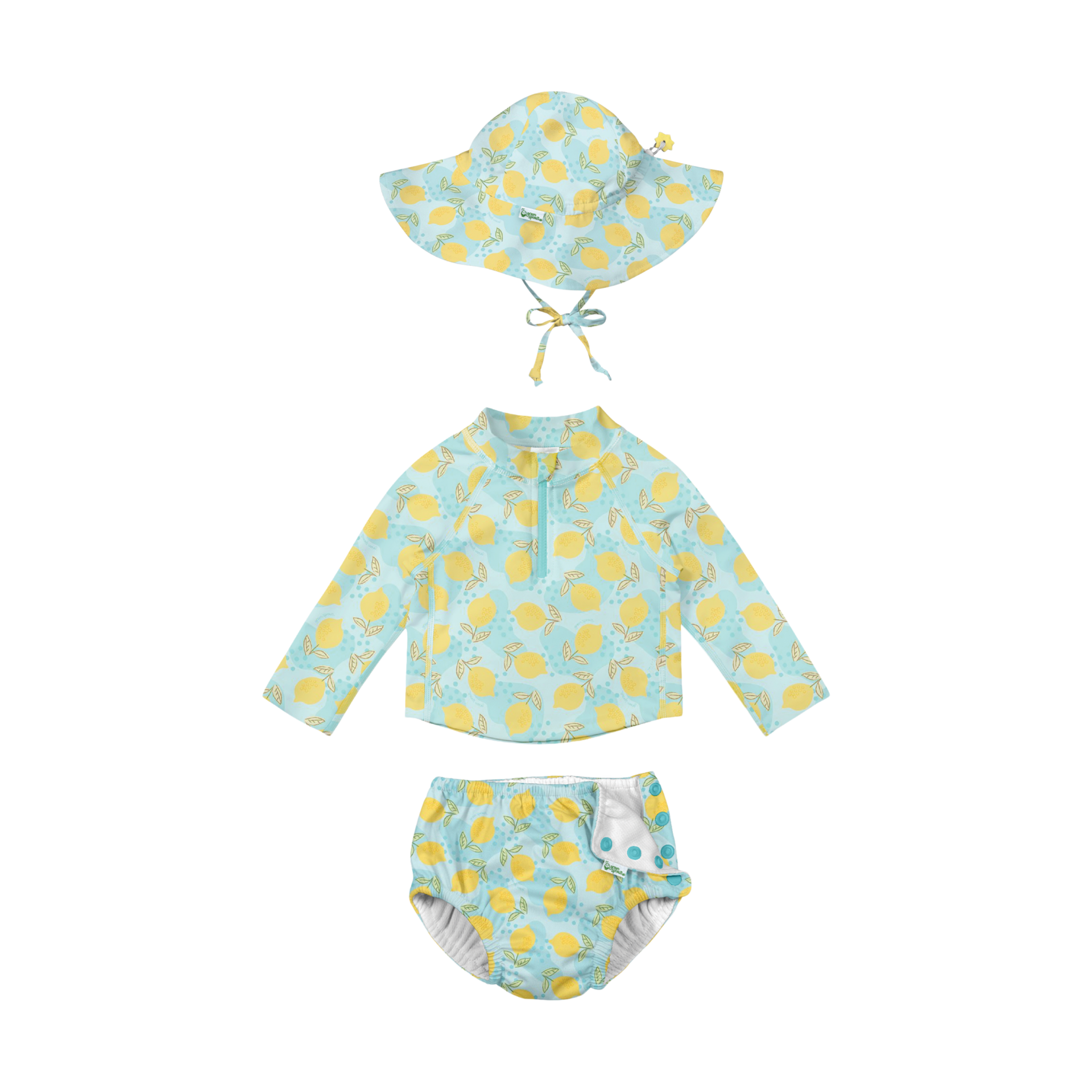 GREEN SPROUTS UPF 50+ Snap Swim Diaper & Rashguard Set with Hat Aqua Dot Lemons, 06 Months