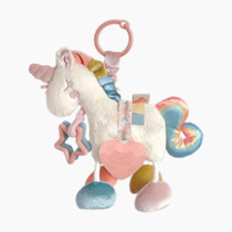 Itzy Ritzy Link & Love Toy for Stroller or Car Seat; Features Textured Ribbons, Crinkle Sounds, Clinking Rings & Silicone Teether; Designed For Ages 0 Months and Up (Unicorn)