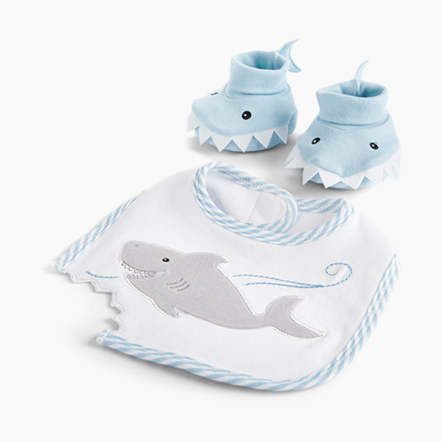 Baby Aspen "Chomp & Stomp" Shark Bib & Booties Gift Set - Blue, 0-9 Months.