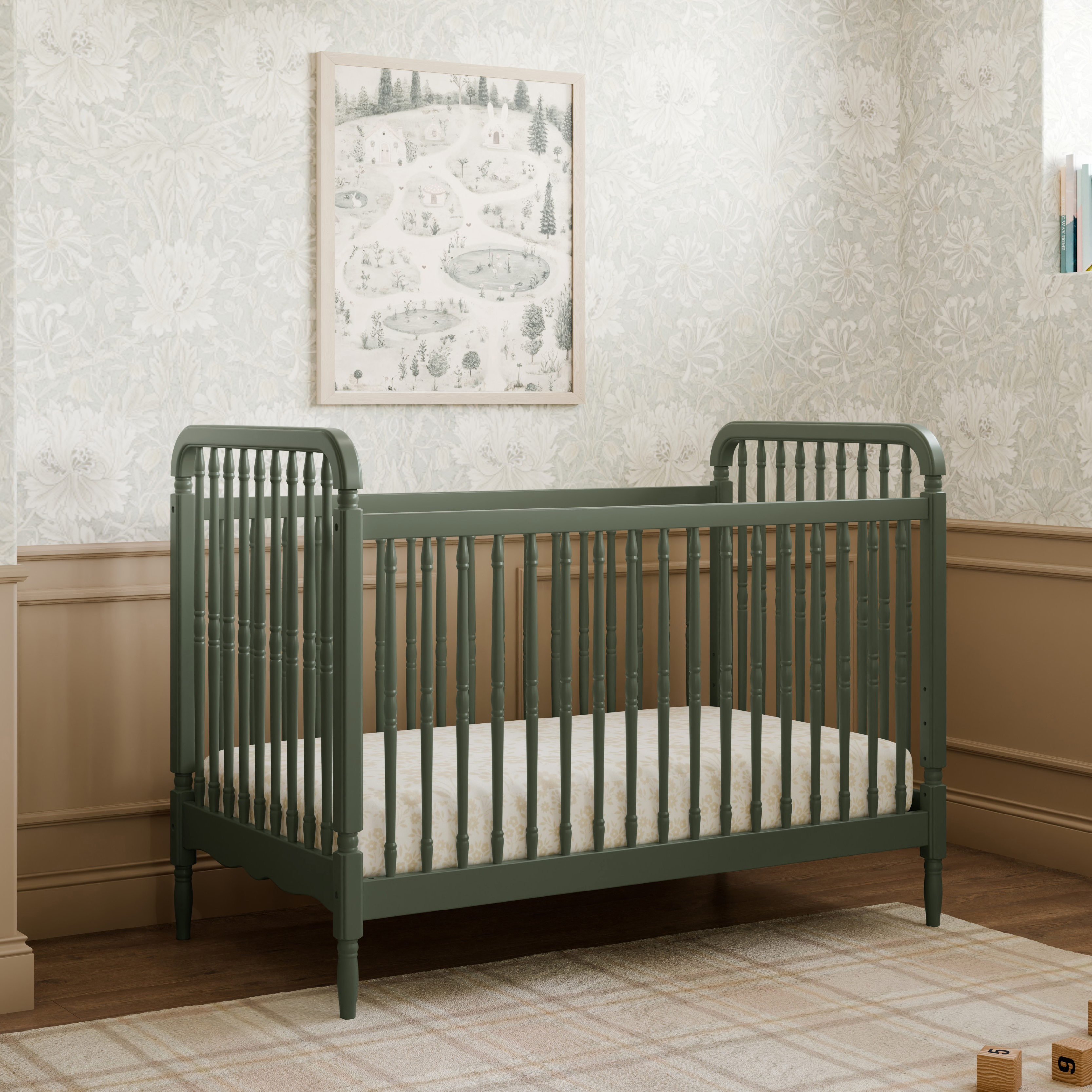 Namesake Liberty 3-in-1 Convertible Spindle Crib with Toddler Bed Conversion Kit - Juniper.