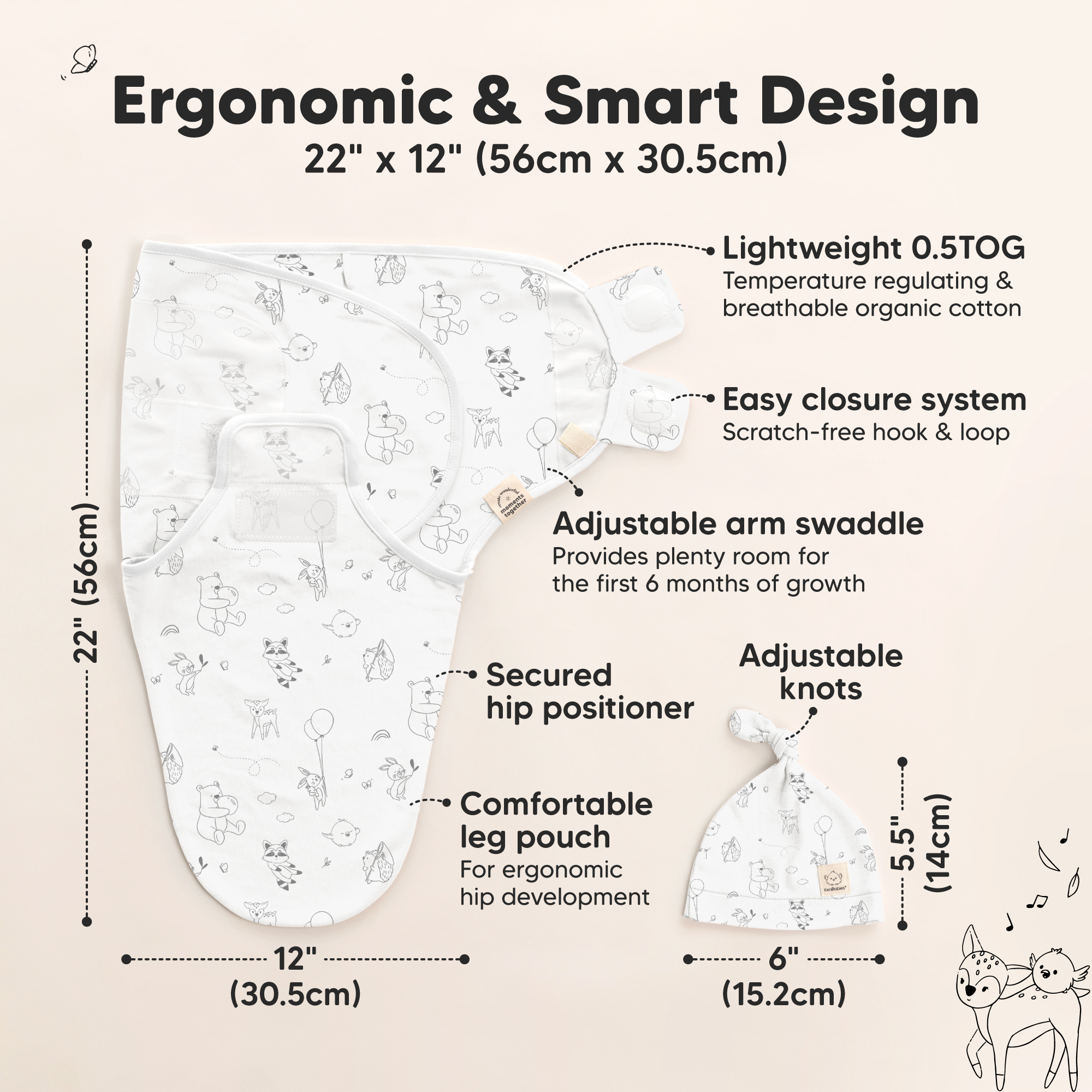 KeaBabies 3-Pack Soothe Swaddle Wraps with Knot Hats - Aspire.