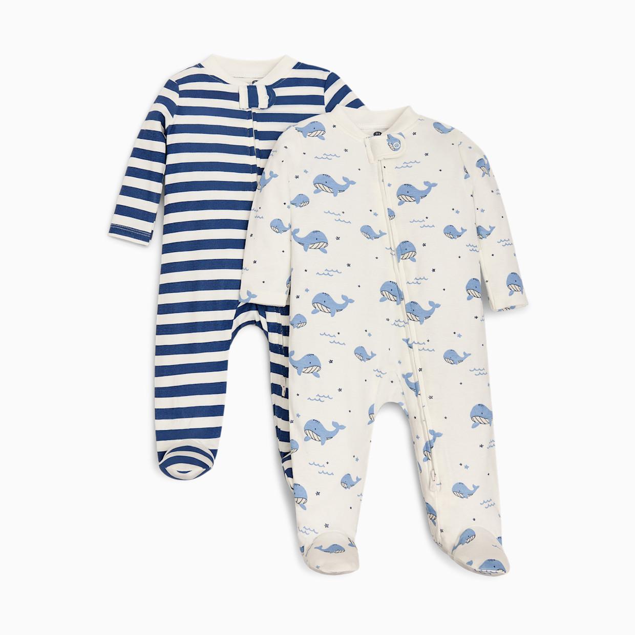 Small Story Organic Cotton 2-Way Zip Footie (2 Pack) - Blue Whale & Stripe, 0-3 M.