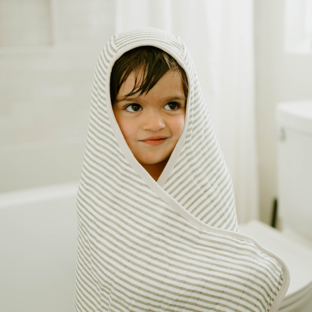 Little Unicorn Cotton Muslin & Terry Toddler Hooded Towel - Grey Stripe.