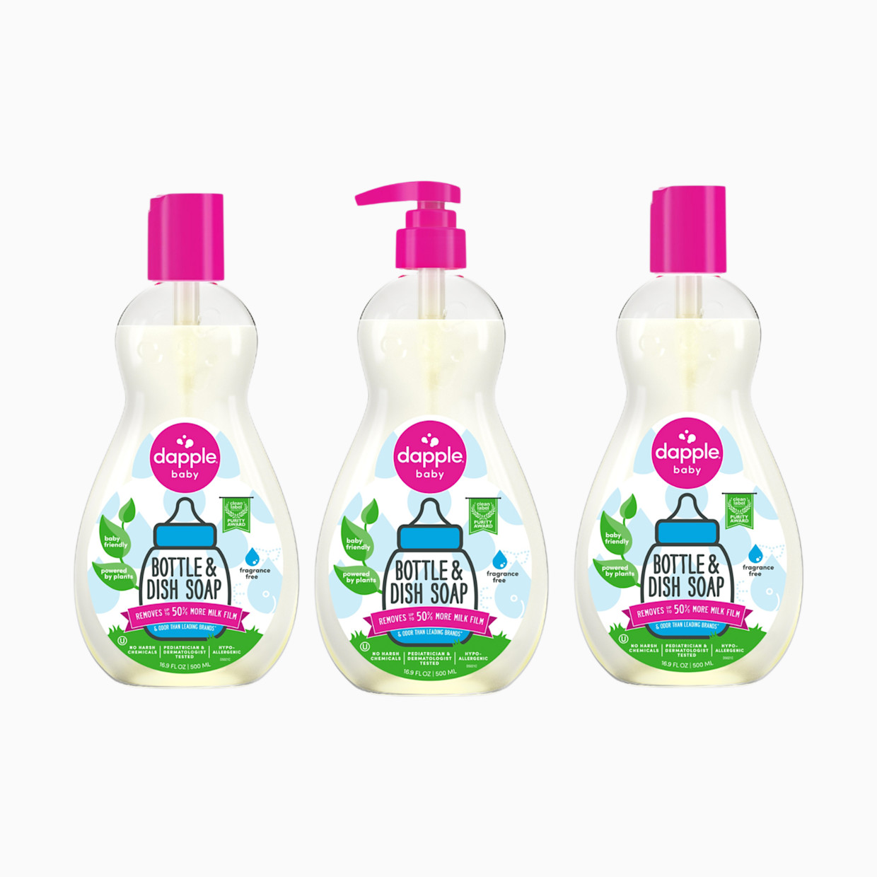 Dapple Bottle & Dish Soap (3 Pack) - Pink, Fragrance-Free, 16.9 Oz.