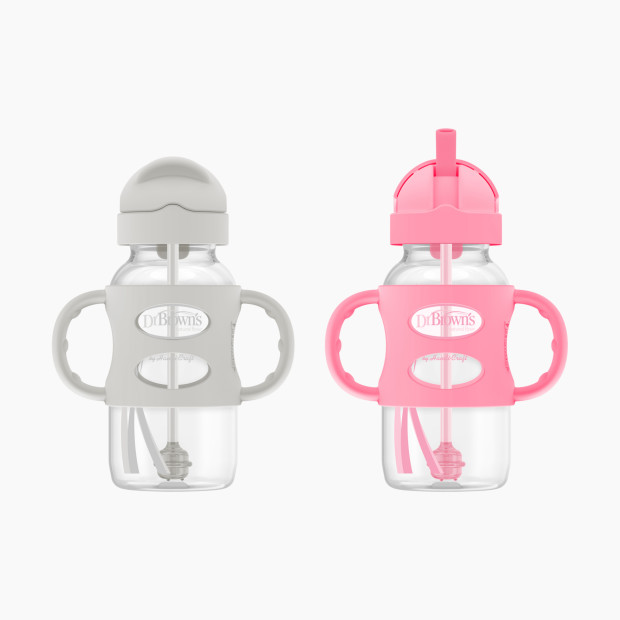 Dr. Brown's Wide-Neck SIPPY STRAW Bottles w/Silicone Handles (2-Pack) - Gray & Pink, 9 Oz, 2.
