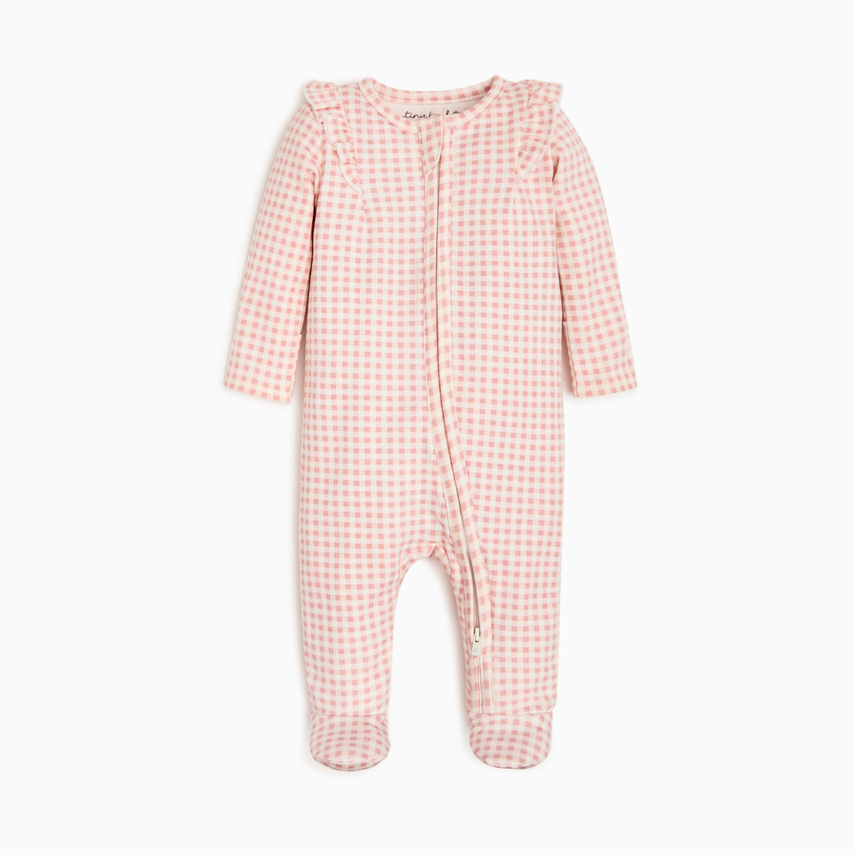 Tiny Kind Organic Ruffle Cotton Printed 2-Way Zip Footie - Pink Gingham, 0-3 M.