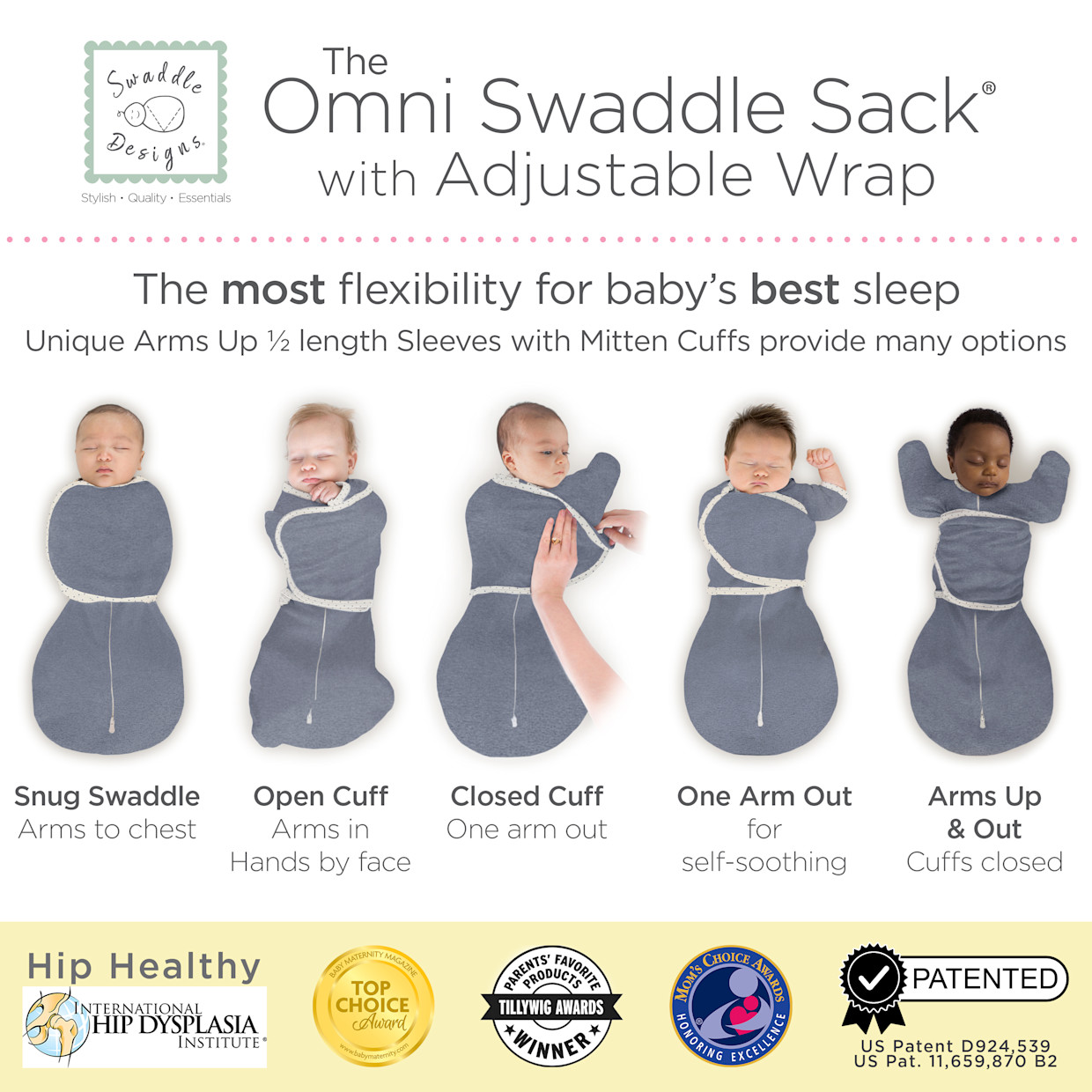SwaddleDesigns Omni Swaddle Sack with Arms Up Half-Length Sleeves and Mitten Cuffs - Heathered Denim, Small 6-14 Lbs (0-3 Months).