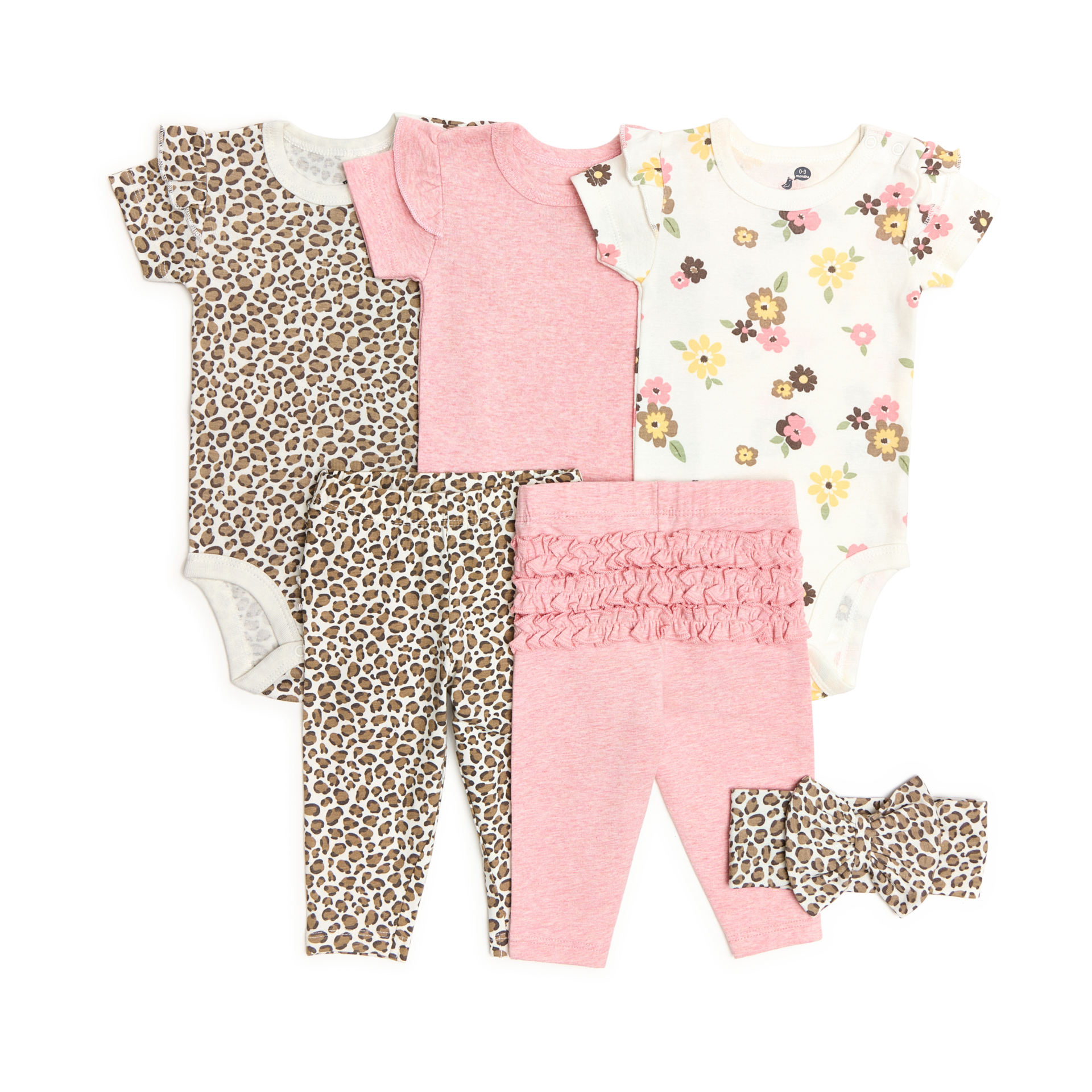 Small Story Organic Cotton Ruffle Bodysuit, Pant & Headband 6-Piece Set - Leopard, Floral & Pink, 3-6 M.