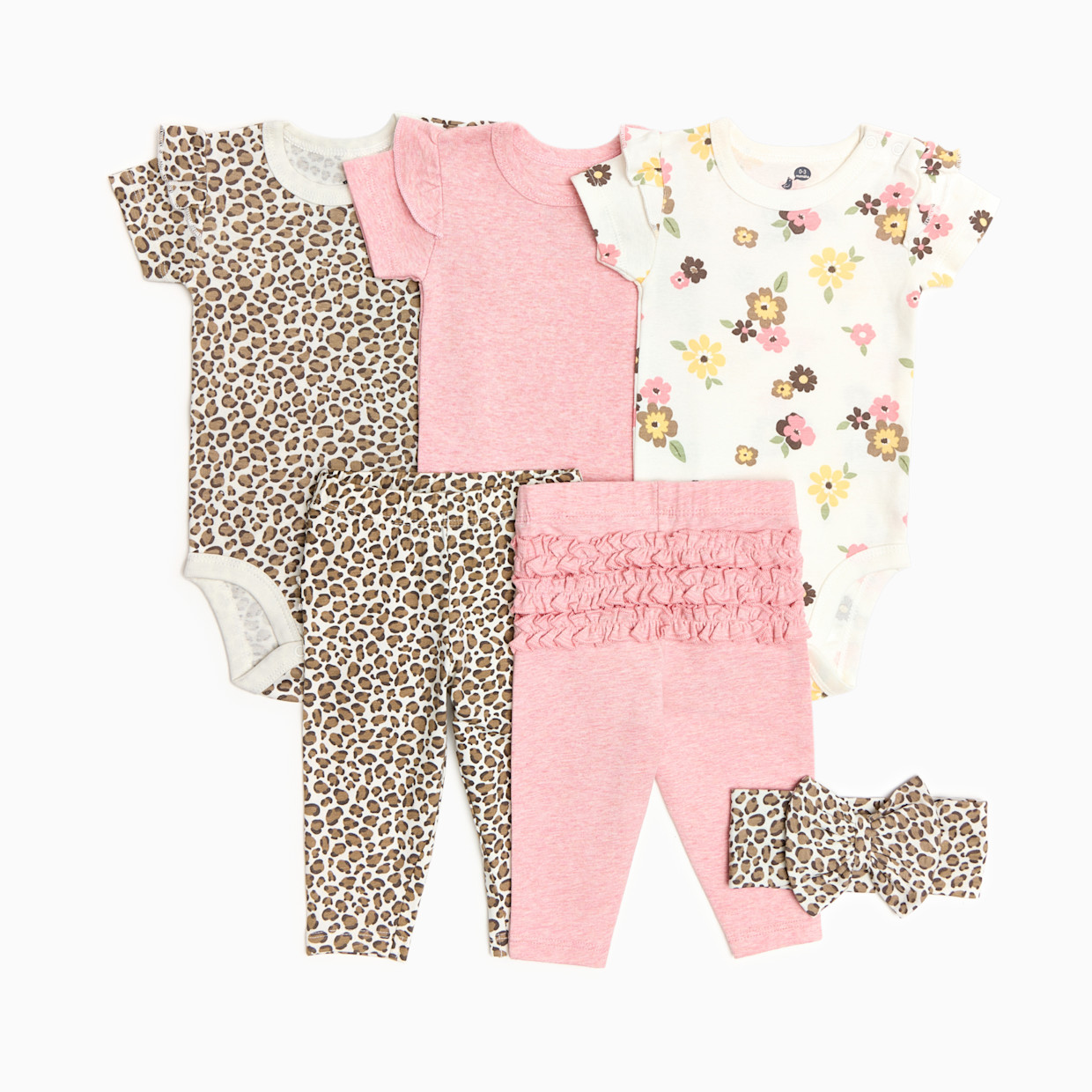 Small Story Organic Cotton Ruffle Bodysuit, Pant & Headband 6-Piece Set - Leopard, Floral & Pink, 3-6 M.