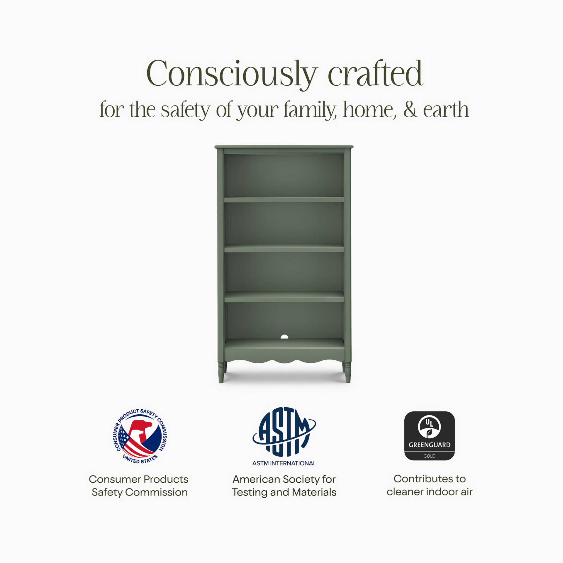 Infographic showing safety certifications for the bookcase.