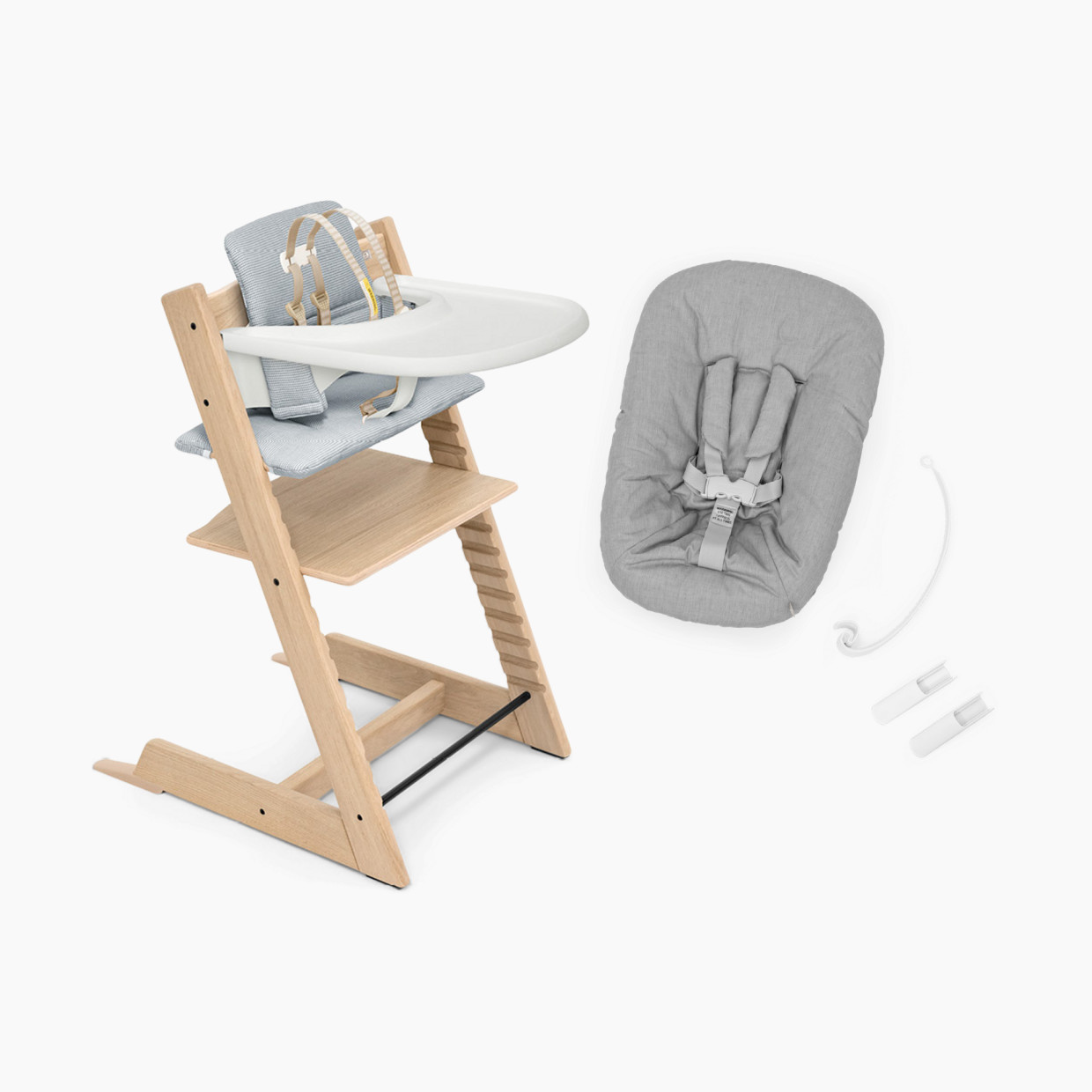 Stokke Tripp Trapp High Chair Complete + Newborn Set - Oak Natural/Nordic Blue Cushion/White Tray.