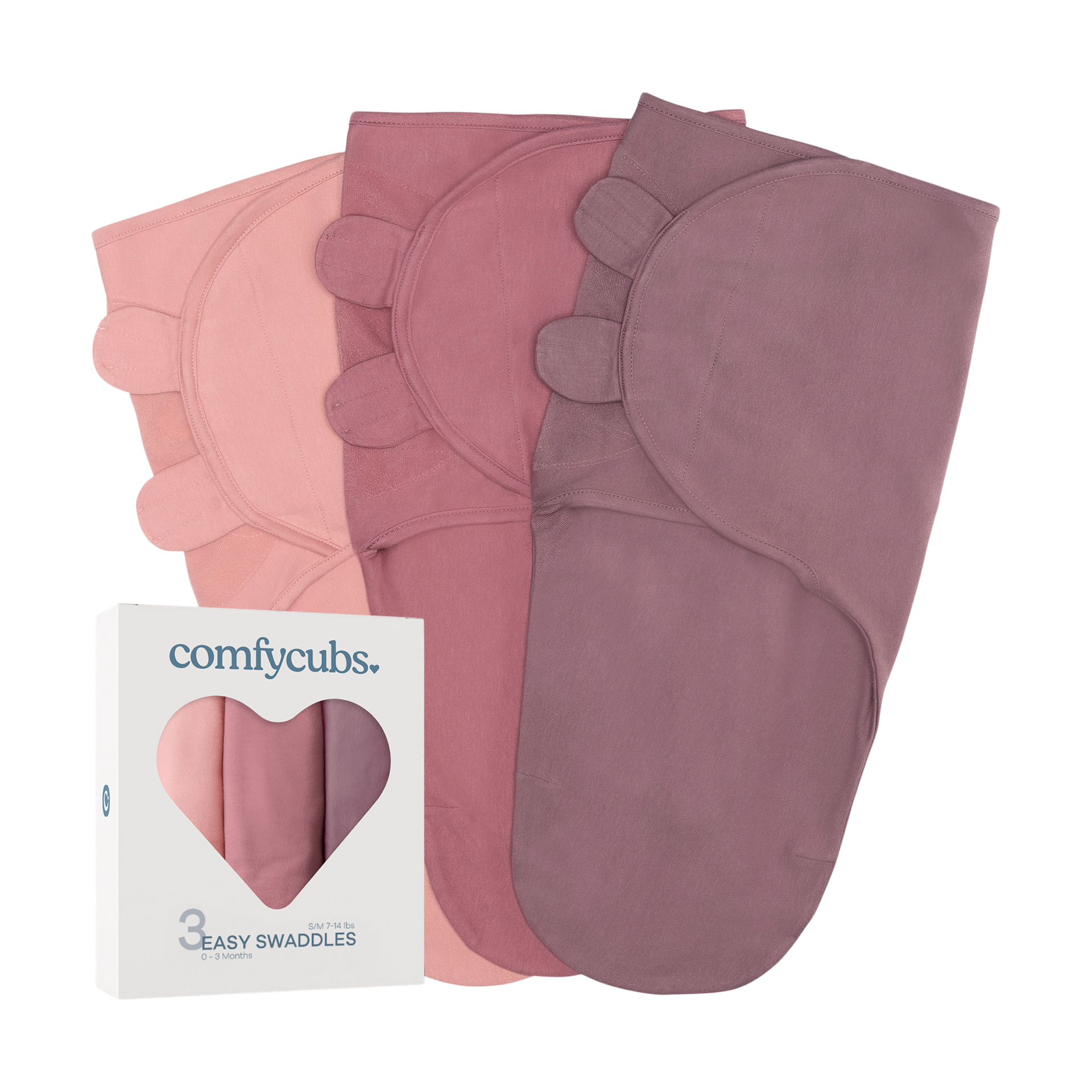 Comfy Cubs Easy Swaddle Blanket, 3 Pack - 100% Cotton Newborn Wrap, Small for 0-3 Months Infants, with Adjustable Velcro, Breathable and Durable Sleep Sack for Babies - Blush, Mauve & Mulberry