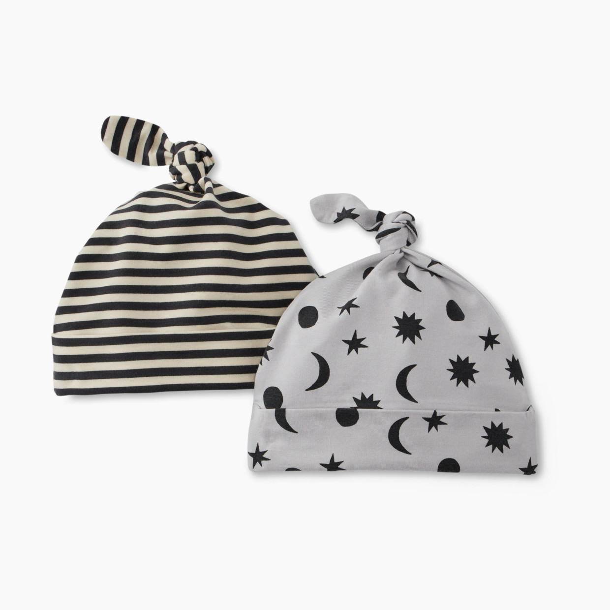 Hanna Andersson 2-Pack Baby Layette Top Knot Beanie in HannaSoft™ - Stars And Moon Tonal On Grey, Newborn.