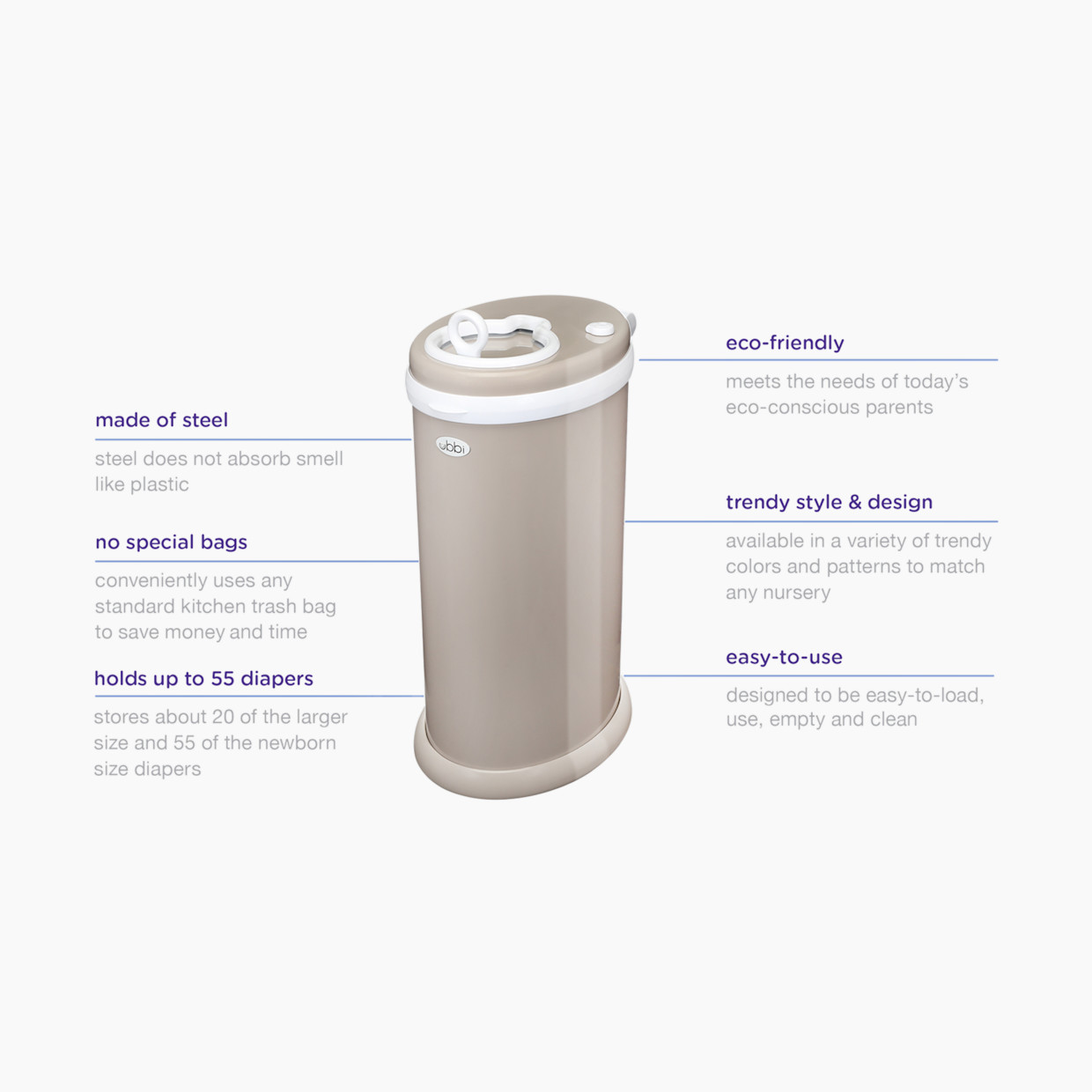 Ubbi Stainless Steel Diaper Pail - Taupe.