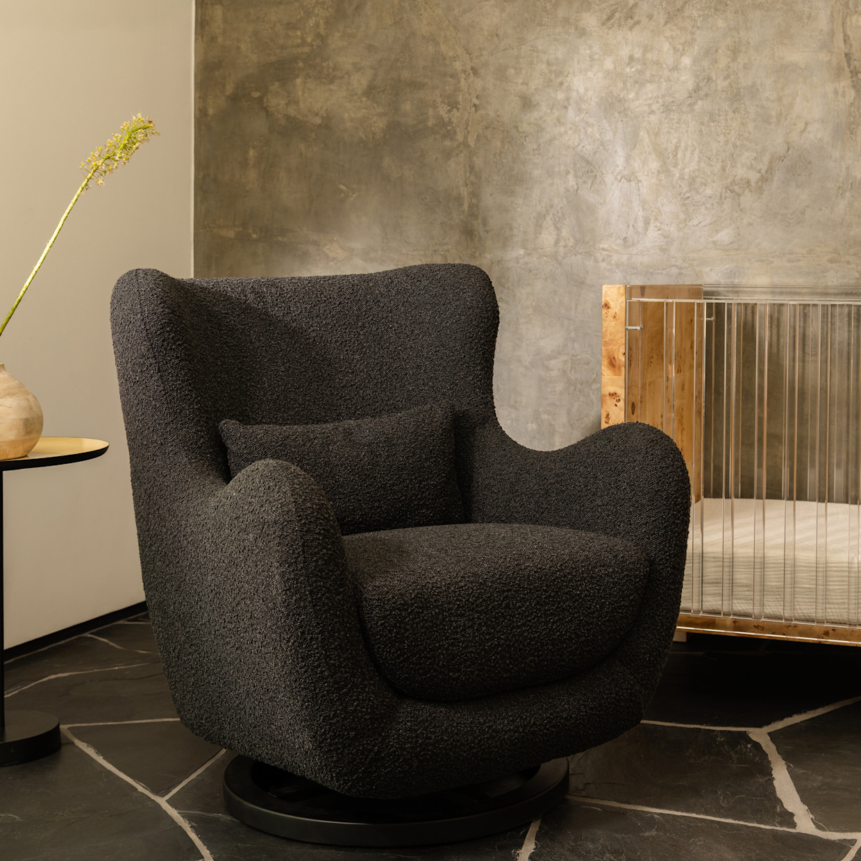 Nursery Works Solstice Swivel Glider - Black Boucle With Black Wood Base.