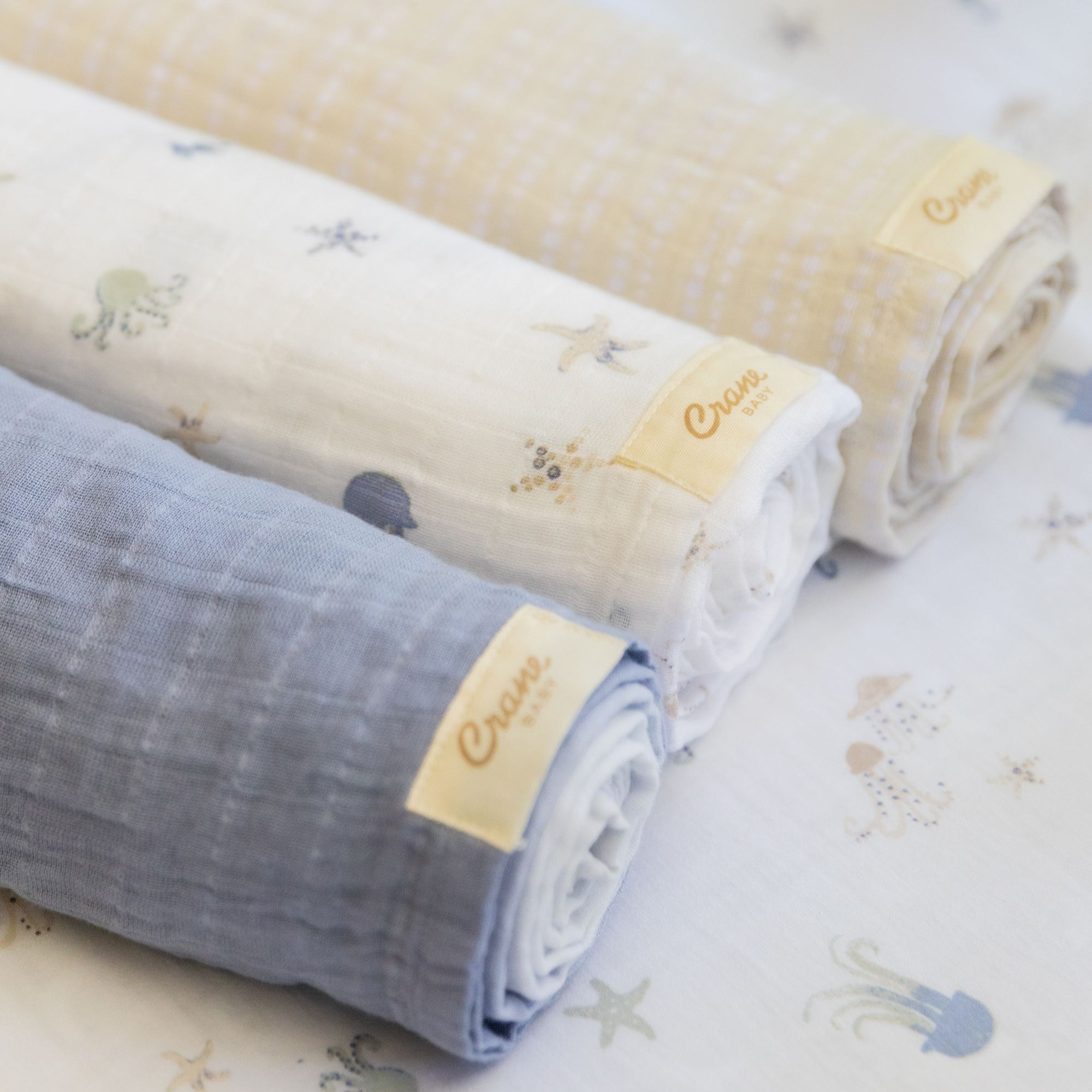 Crane Baby Cotton Muslin Swaddles (3 Pack).