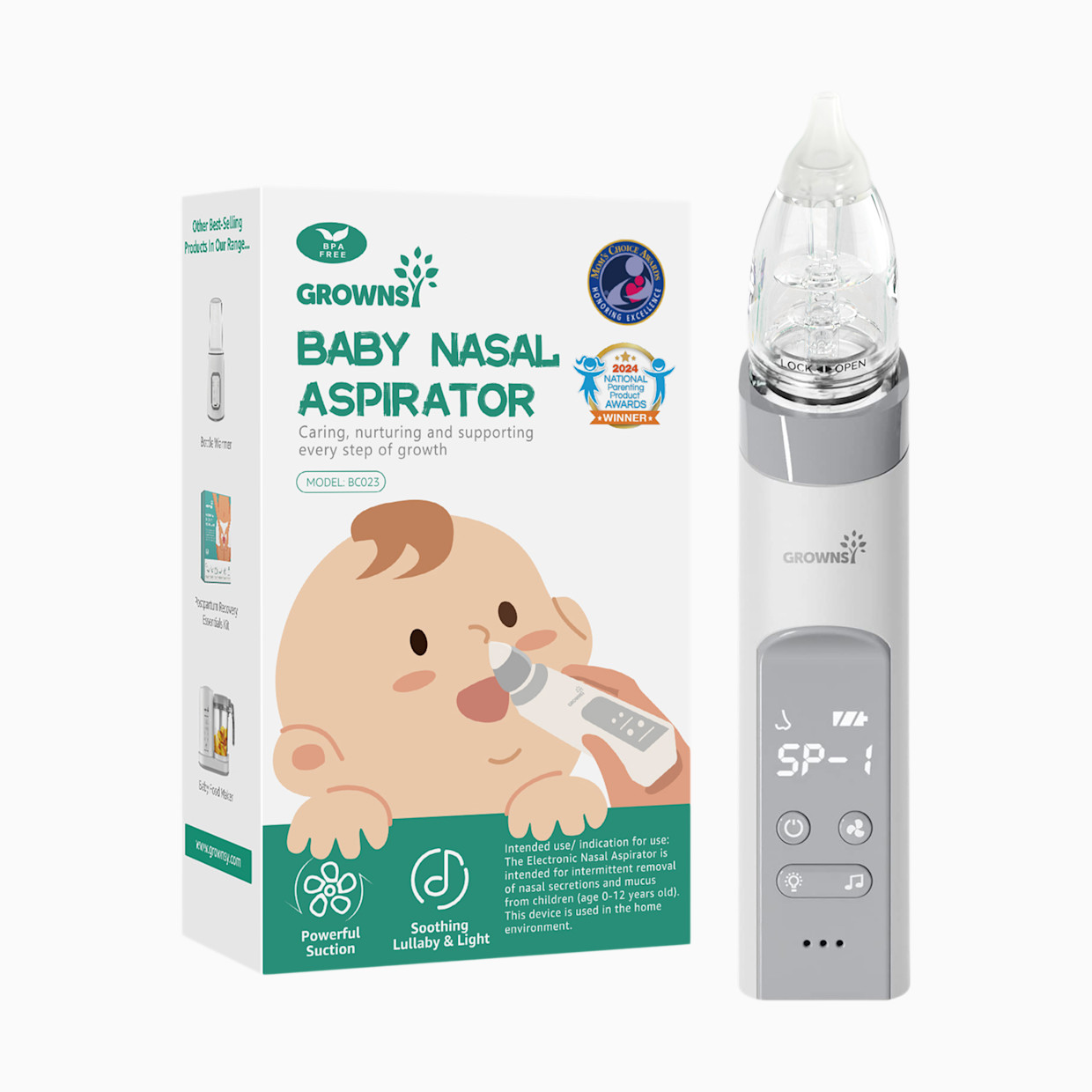 GROWNSY Electric Nasal Aspirator with 3 Silicone Tips.