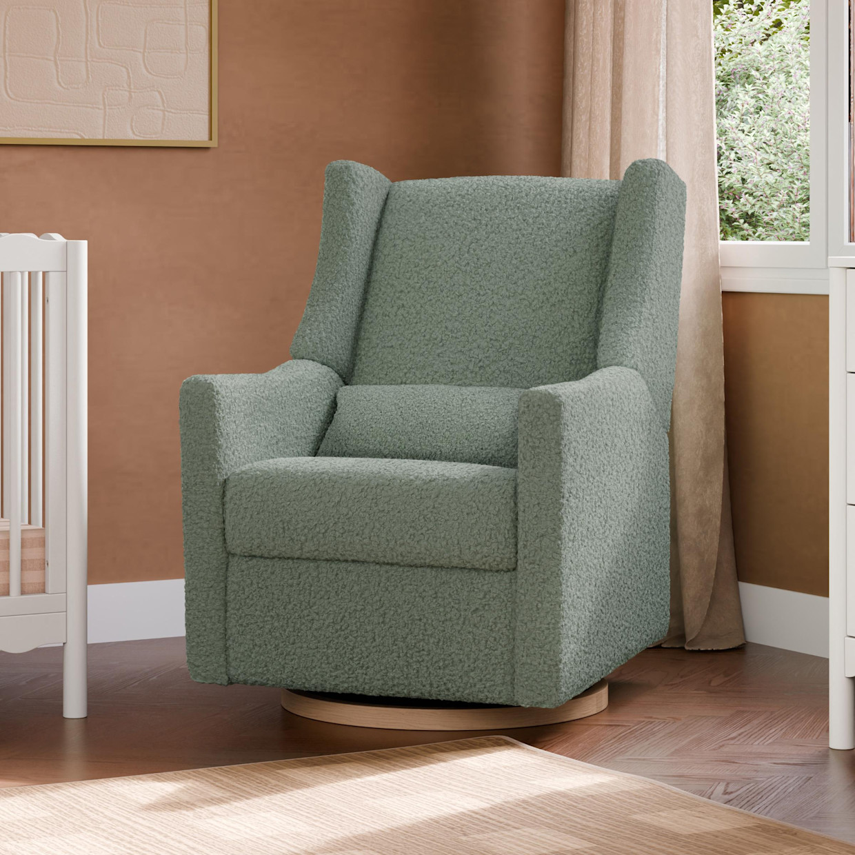 babyletto Kiwi Electronic Recliner and Swivel Glider - Sage Teddy Loop With Light Wood Base.