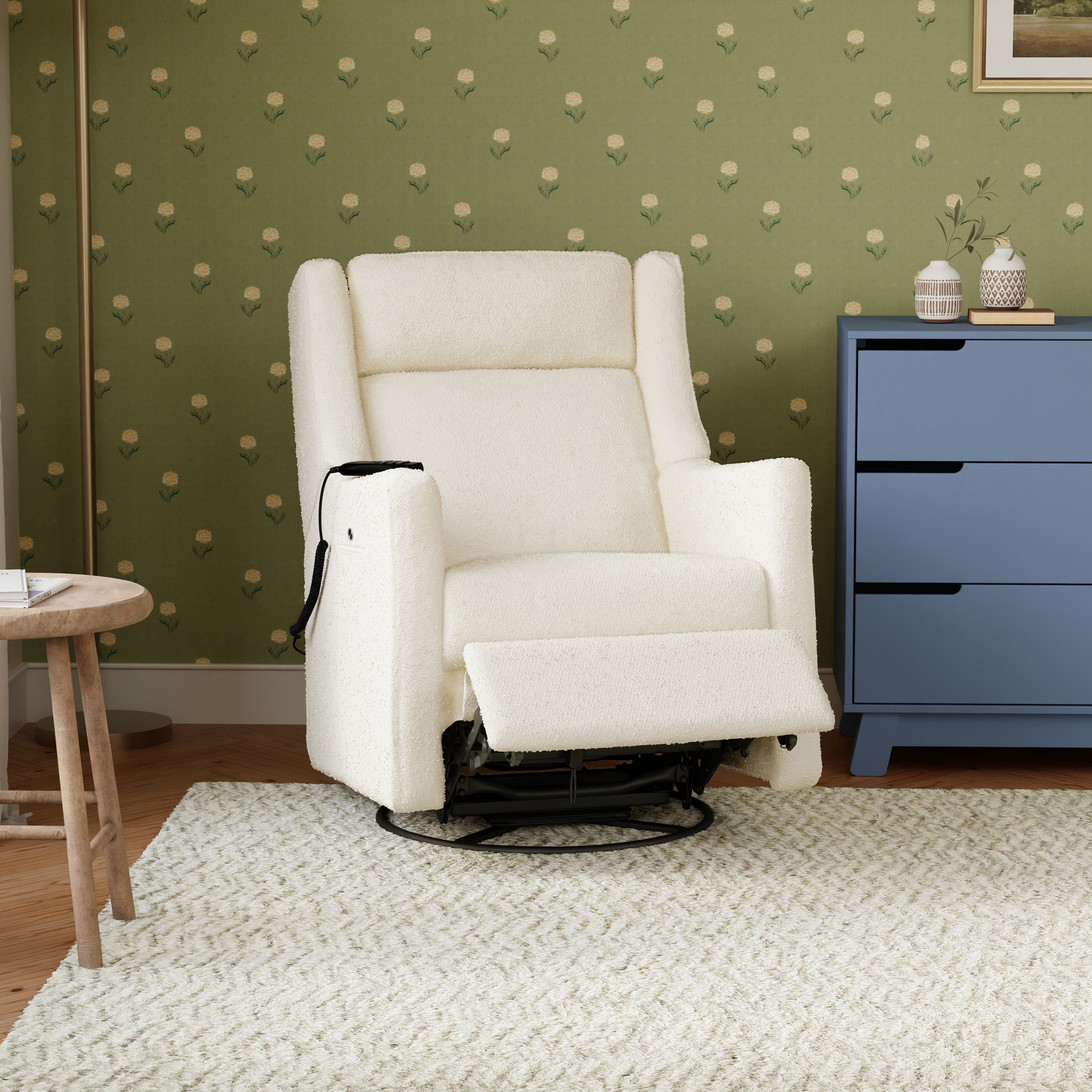 babyletto Kiwi Deluxe Power Recliner and Swivel Glider with Heat and Massage - Performance Ivory Boucle.