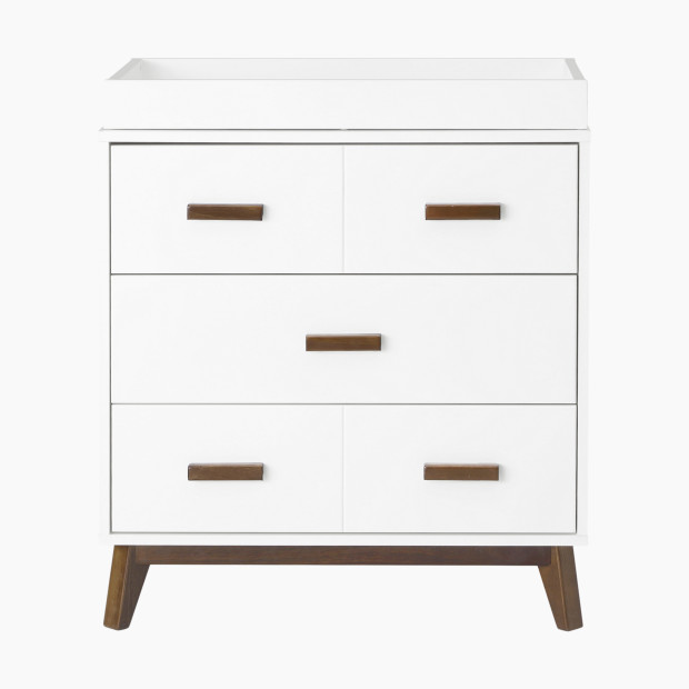 babyletto Scoot 3-Drawer Changer Dresser with Removable Changing Tray - White/Natural Walnut.