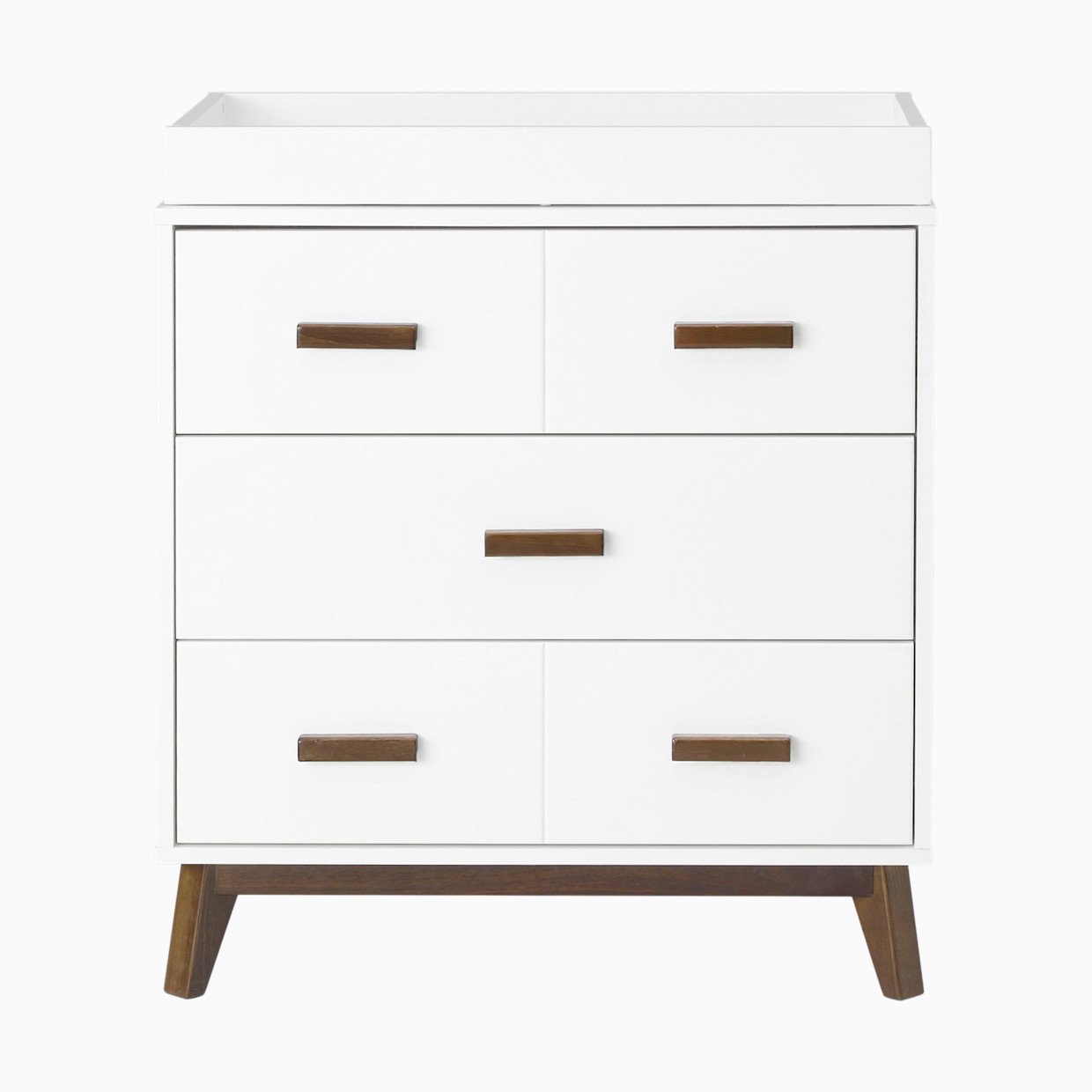 babyletto Scoot 3-Drawer Changer Dresser with Removable Changing Tray - White/Natural Walnut.