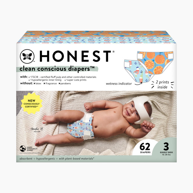 The Honest Company Clean Conscious Disposable Diapers - Orange You Cute + Feelin Nauti, Size 3, 62 Count.