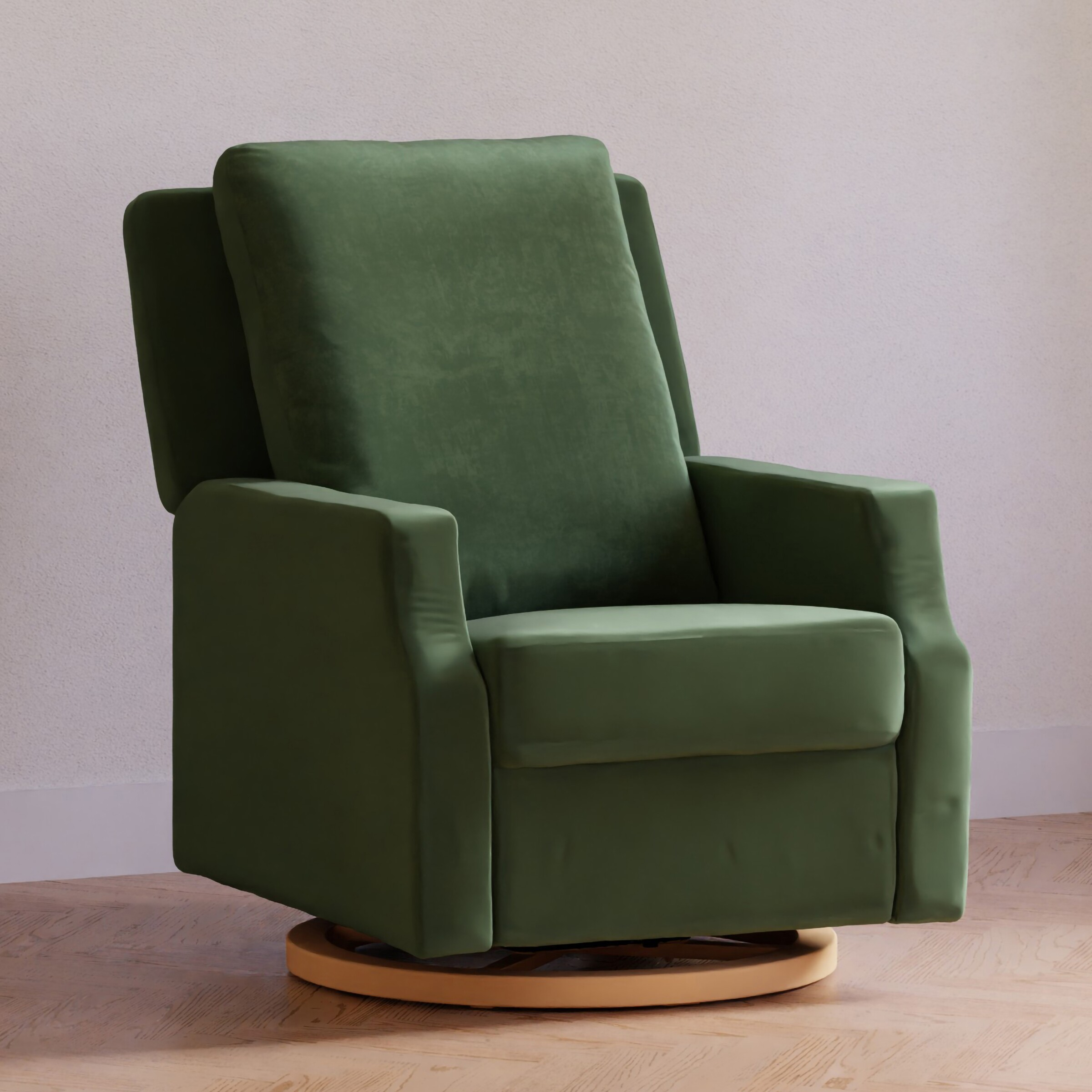 Namesake Crewe Electronic Recliner and Swivel Glider - Forest Green Velvet With Light Wood Base.