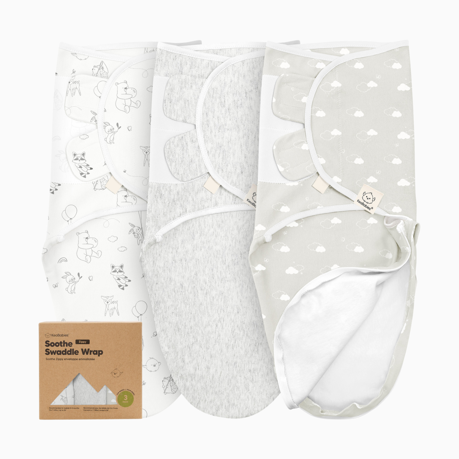 KeaBabies Soothe Zippy Swaddle Wraps (3 Pack) - Daffodil, One Size