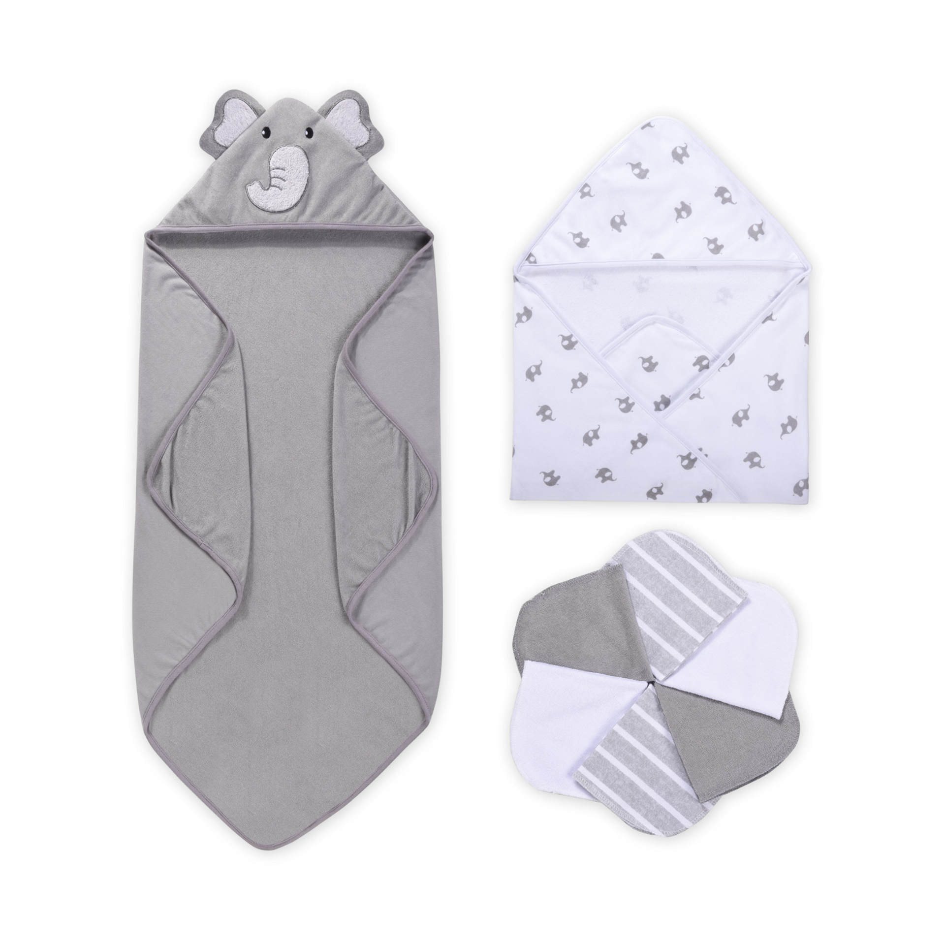Momcozy Cute Elephant Hooded Baby Towel- 8 Piece Bath Essential, 2 x Towels and 6 x Wash Cloth Set- Perfect Shower Gift for Boys or Girls - Soft and Comfort for Newborn, Infant and Toddler