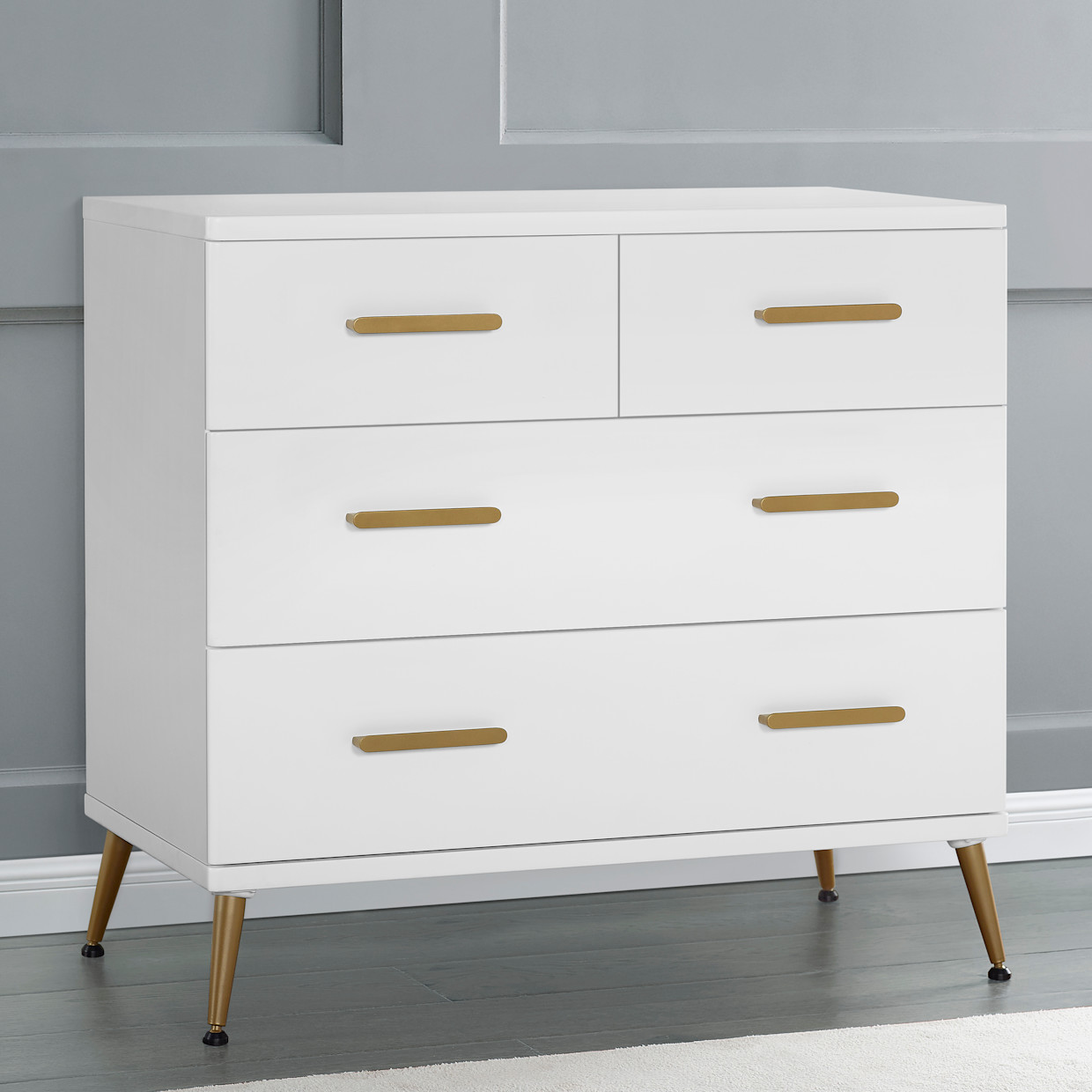 Delta Children Sloane 4 Drawer Dresser with Changing Top - Bianca White/Melted Bronze.