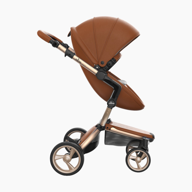 Mima Xari Champagne Chassis Stroller with Reversible Reclining Seat & Carrycot - Stone White/ Camel Seat Box.