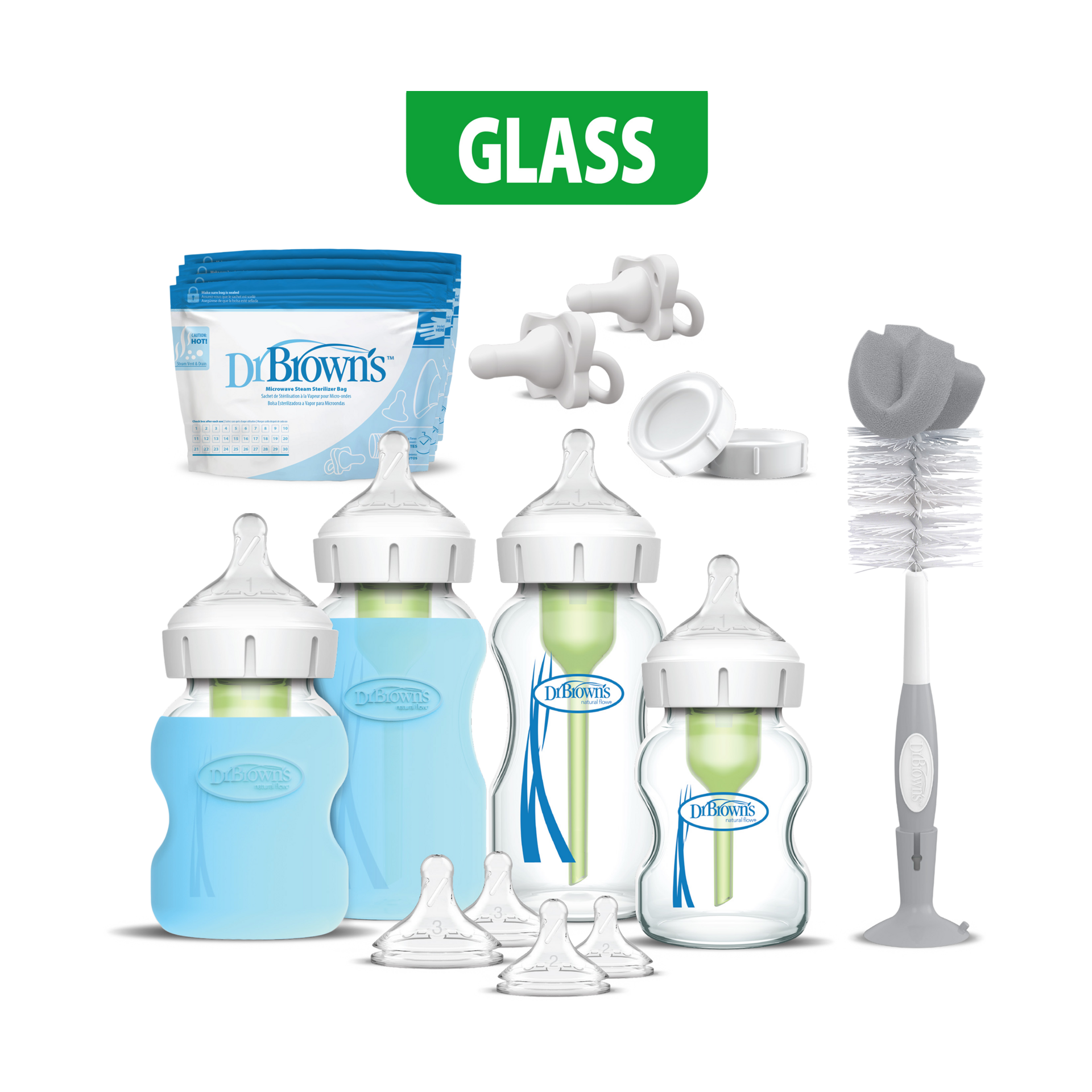 Dr. Brown's Natural Flow Anti-Colic Options+ Wide-Neck Glass Baby Bottle Starter Set with 100% Silicone Glass Bottle Sleeves, Baby Bottle Brush, HappyPaci Pacifier & Pacifier and Bottle Wipes, 0m+