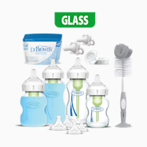 Dr. Brown's Natural Flow Anti-Colic Options+ Wide-Neck Glass Baby Bottle Starter Set with 100% Silicone Glass Bottle Sleeves, Baby Bottle Brush, HappyPaci Pacifier & Pacifier and Bottle Wipes, 0m+