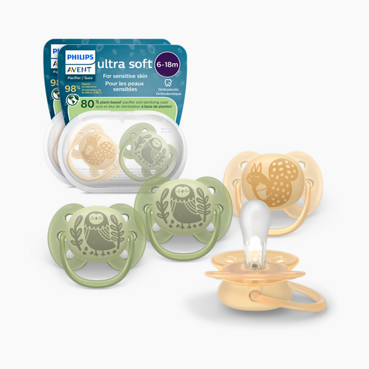 Philips Avent Ultra Soft Pacifier 6-18M (4 Pack) - Squirrel / Owl, 6-18M.