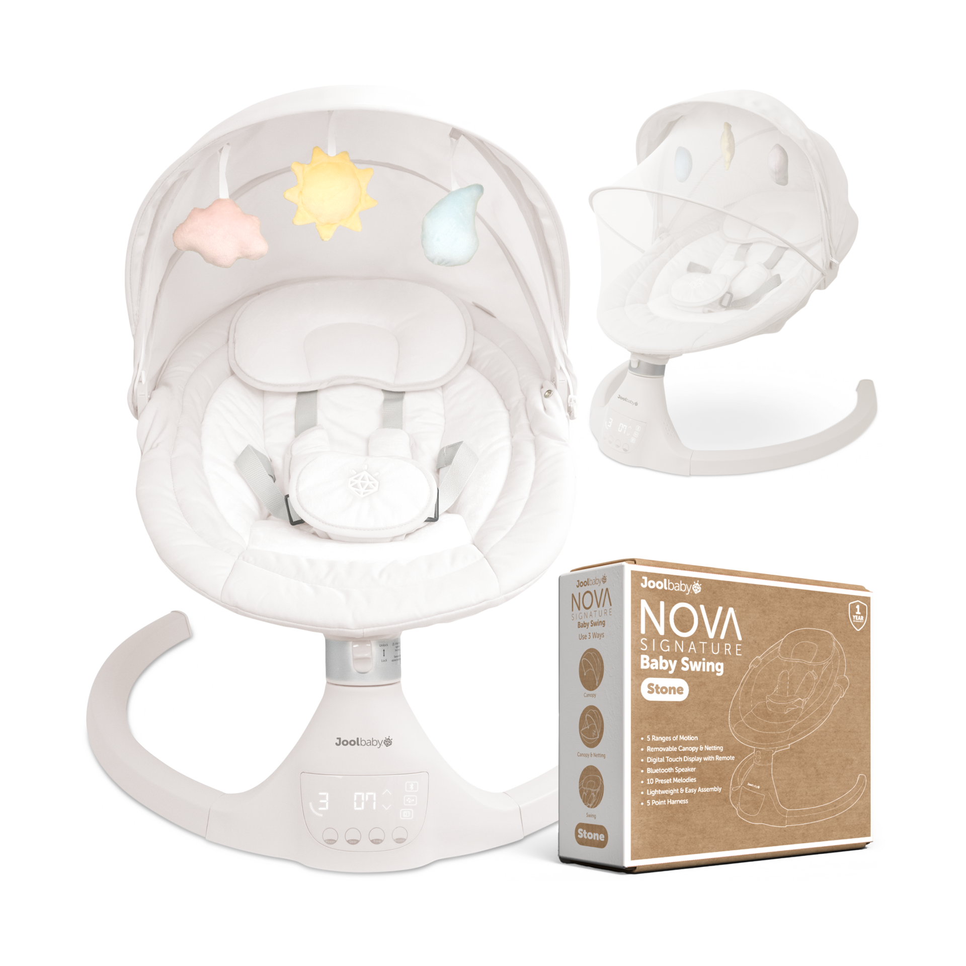 Jool Baby Nova Swing for Newborns - Electric Motorized Infant Swing, Bluetooth Music, 10 Preset Melodies, Remote (Updated Model, Stone)