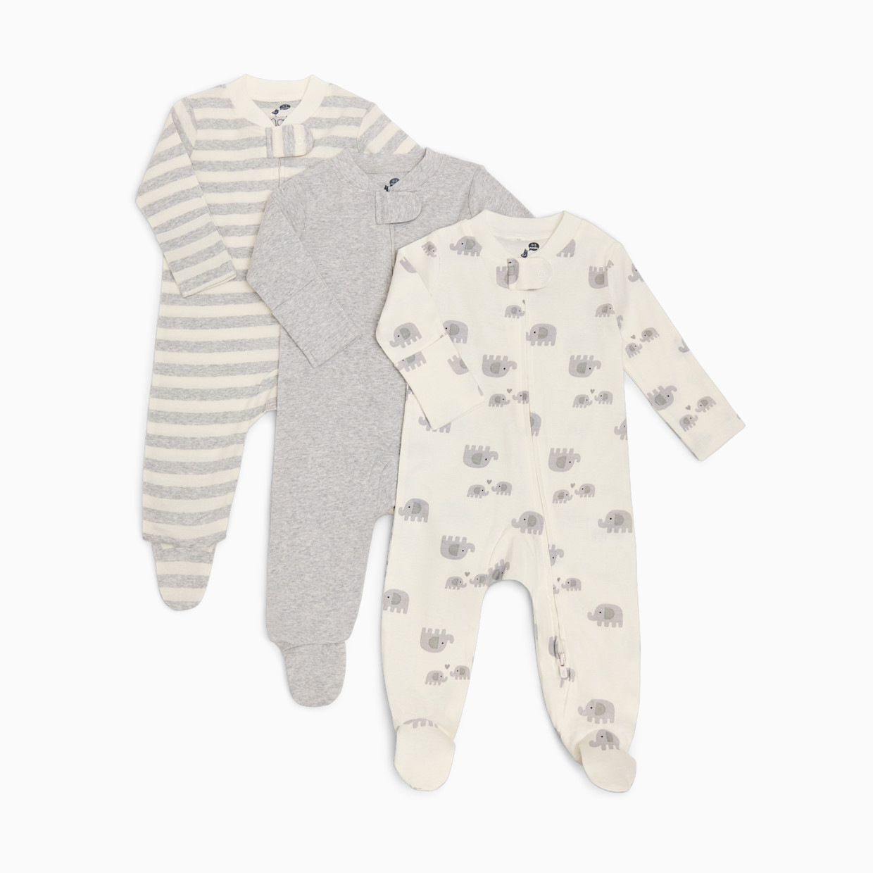 Small Story Organic Cotton 2-Way Zip Footie (3 Pack) - Elephant & Stripe & Heather Gray Solid, 3-6 M.