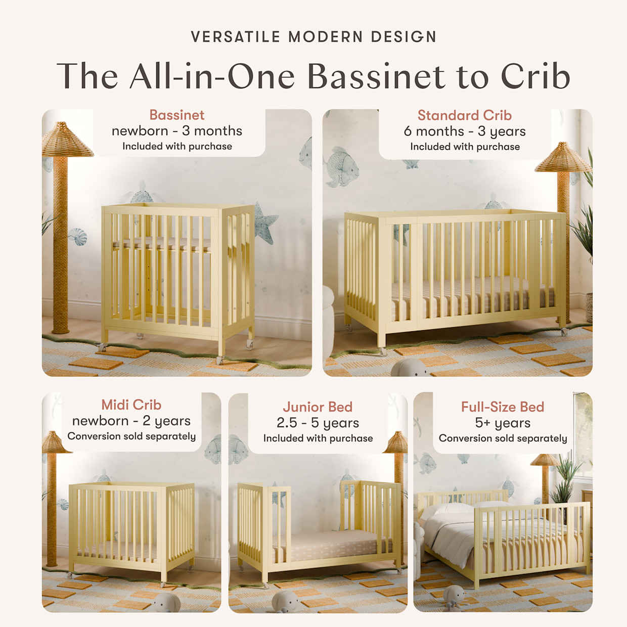 babyletto Rolli 9-in-1 Convertible All-Stages Crib with Bassinet & Toddler Bed Conversion Kits - Pale Yellow.