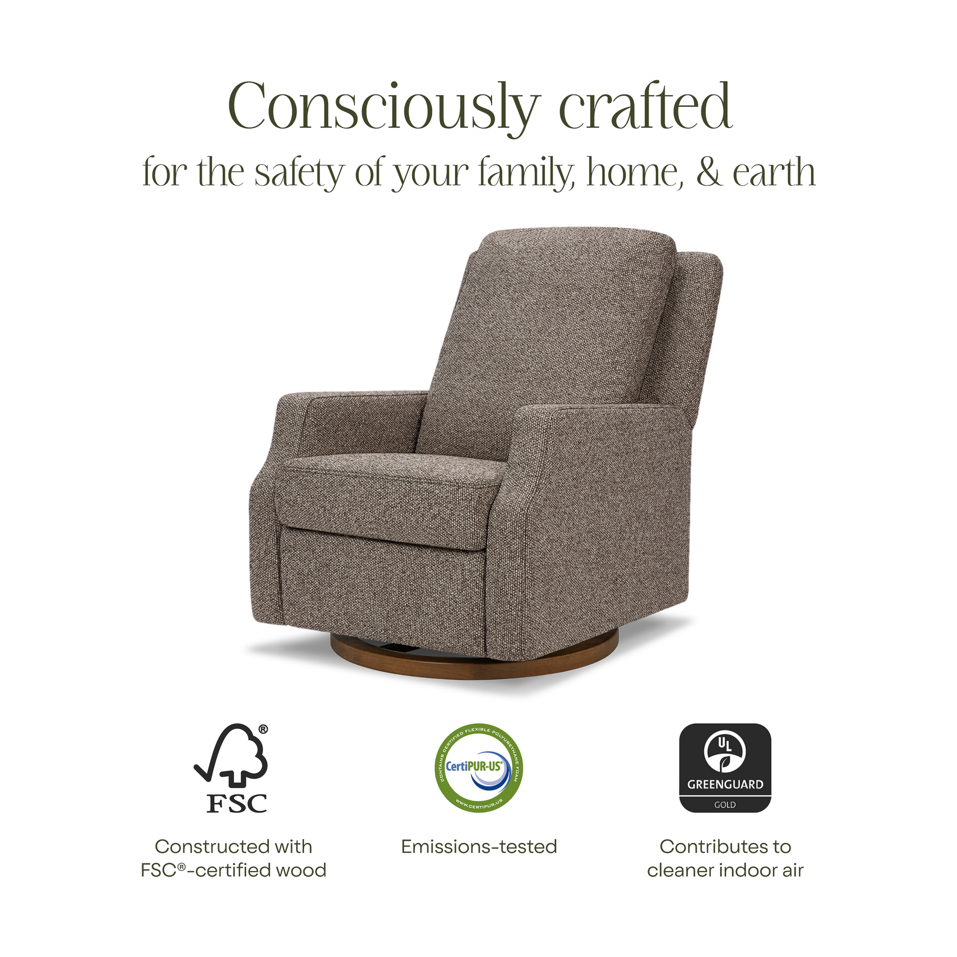 Namesake Crewe Recliner and Swivel Glider - Performance Earth Slub Weave W/Dark Wood Base.