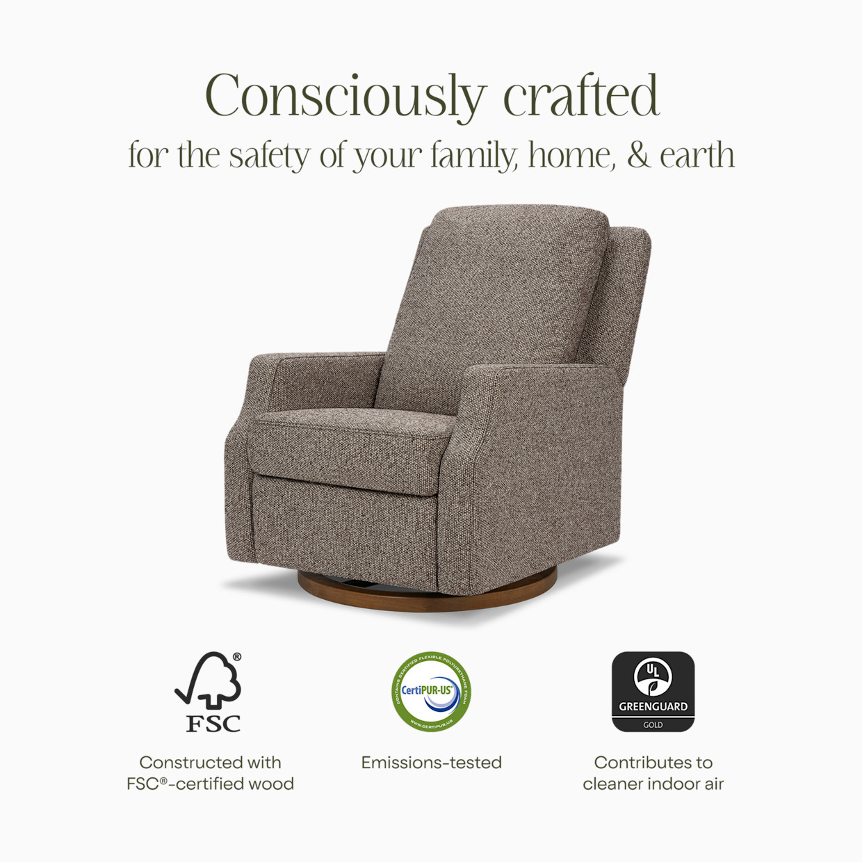 Namesake Crewe Recliner and Swivel Glider - Performance Earth Slub Weave W/Dark Wood Base.