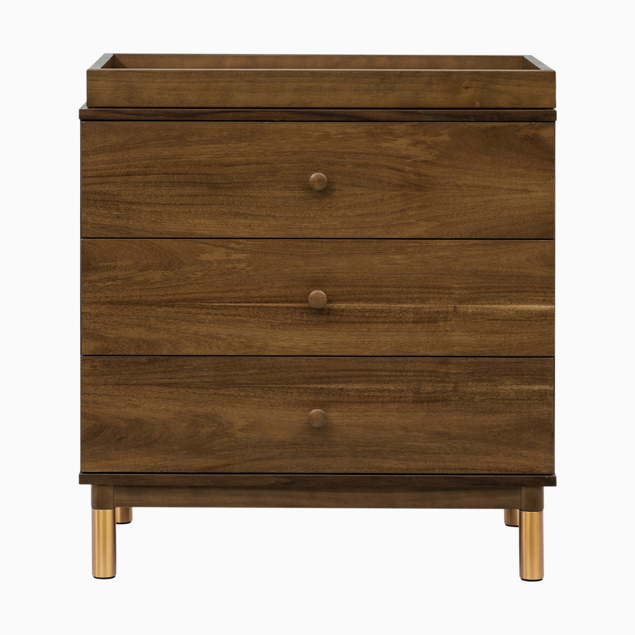 babyletto Gelato 3-Drawer Changer Dresser - Natural Walnut & Gold Feet.
