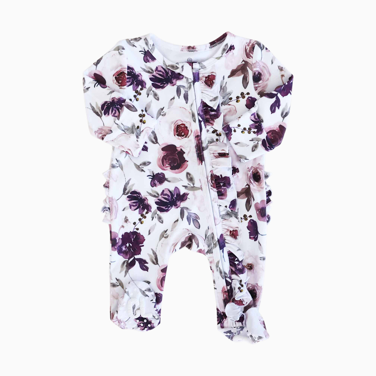Caden Lane Ruffle Zipper Footie - Demi's Dusty Purple Floral, Newborn.